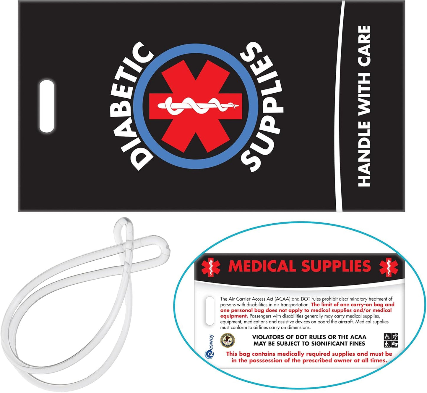 Diabetic Supplies ID Identification Luggage Tag | Black | Medical Alert | Insulin Medical Equipment | Handle with Care | Bag Tag | Luggage Gift