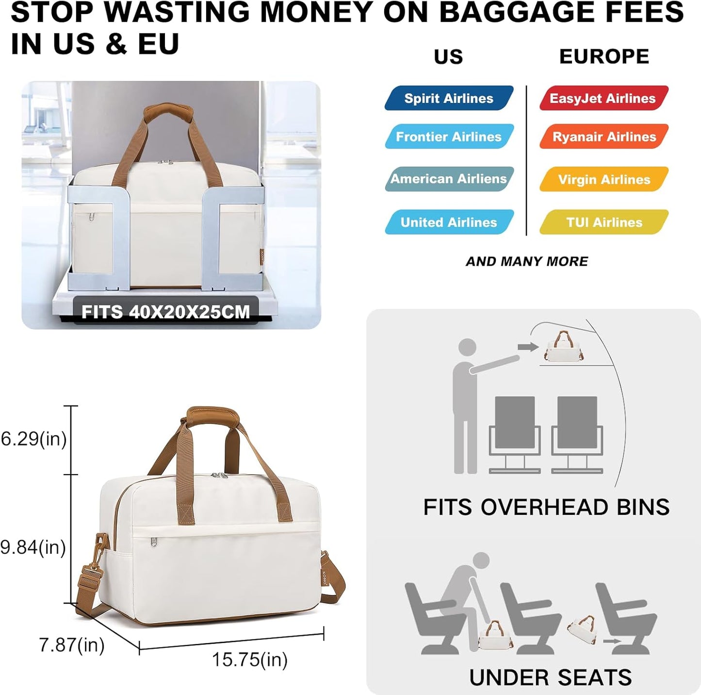 Kono Travel Duffel Bag 20L Under Seat Carry-on Bag Sports Tote Gym Bag Weekender Overnight Bags 15.75""x9.84""x7.87"" White, EA2369