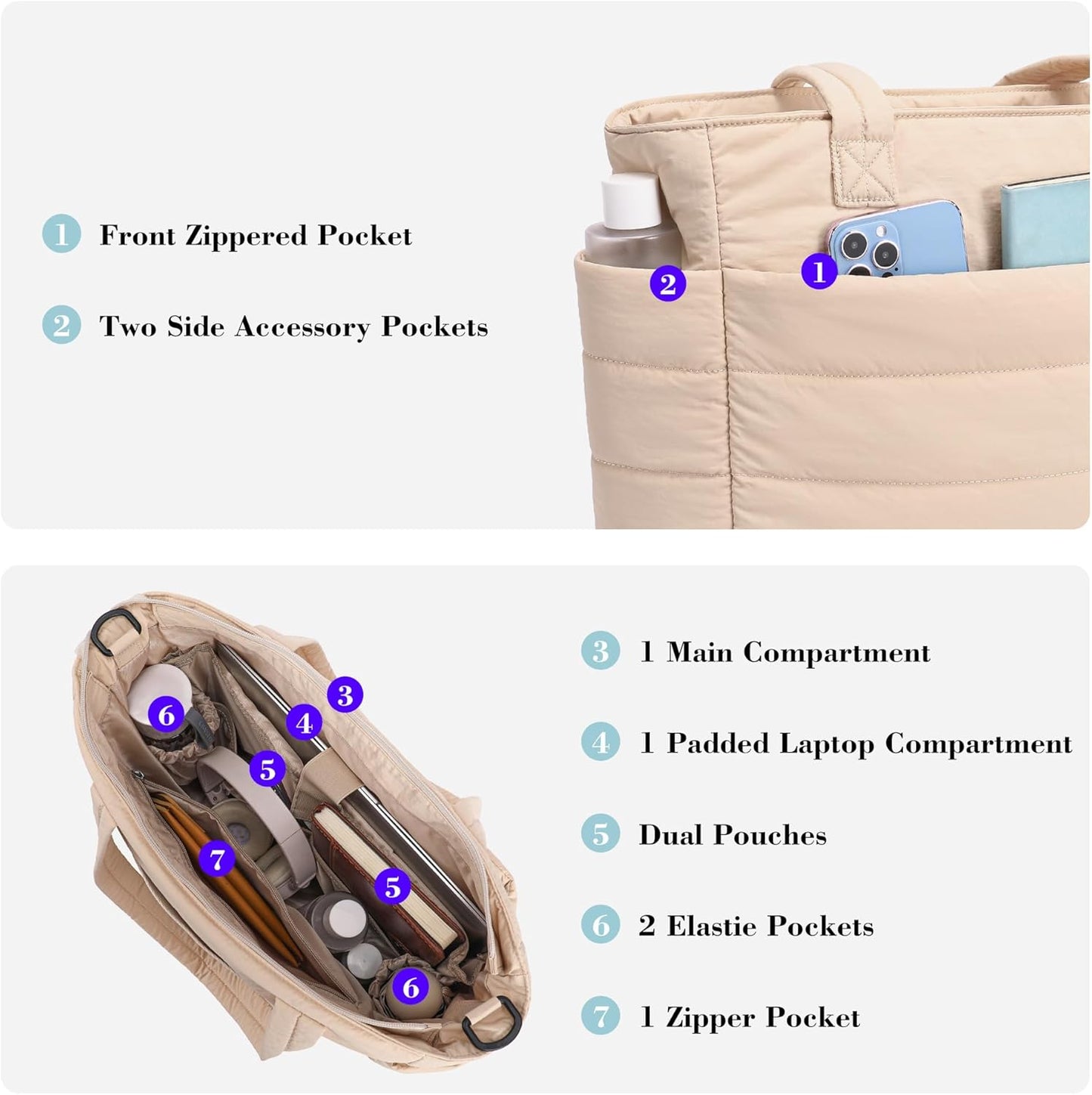 AOCINA Puffy Tote Bag for Women Quilted Work Bag Nurse Bags Women's Handbags for Travel