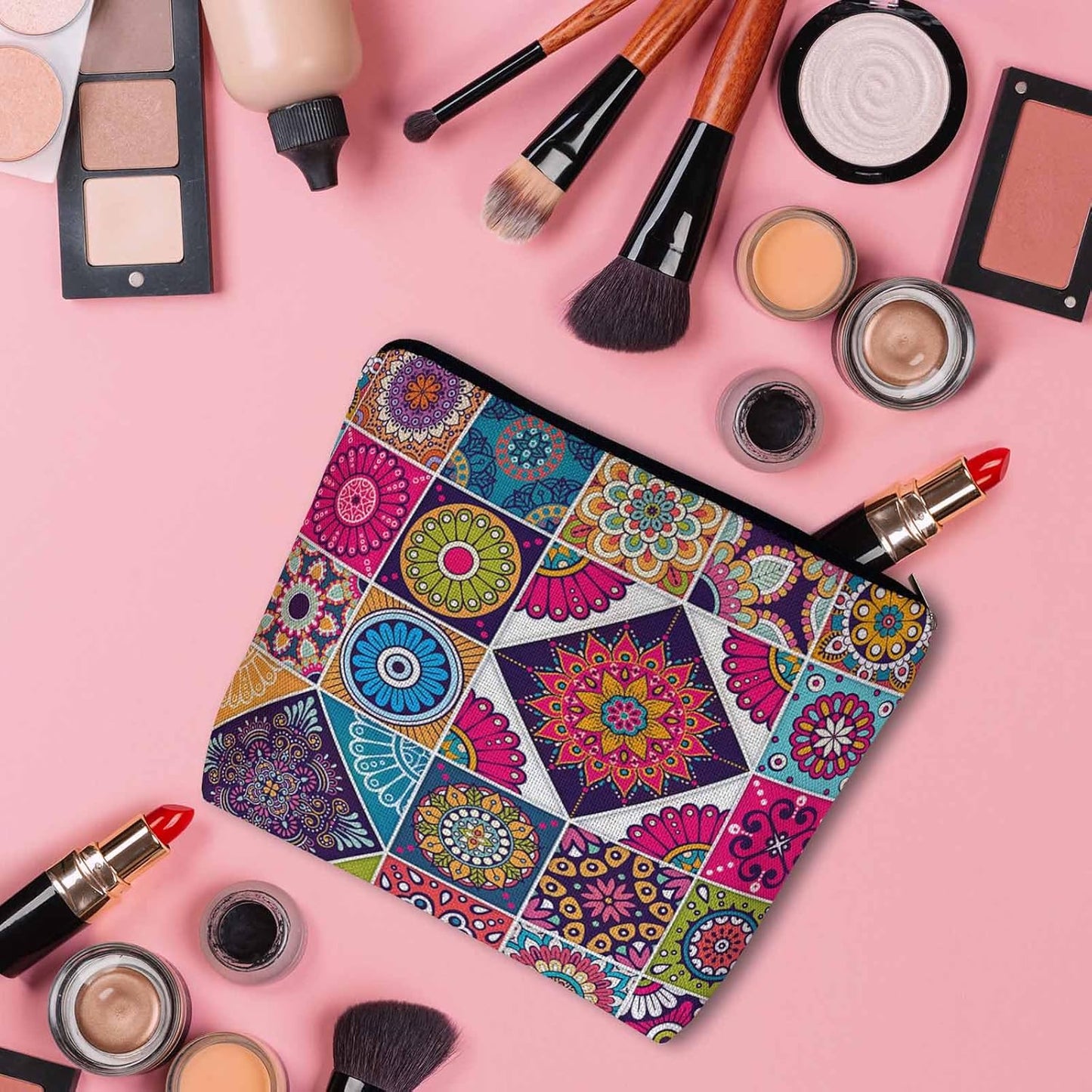 Women Makeup Organizer Bag Mandala Floral, Colorful Ethnic Mandala Flower Patchwork Flax Cosmetic Bag Makeup Bags Toiletry Bag Accessories Organizer Travel Bags For Home Bathroom Office Hotel