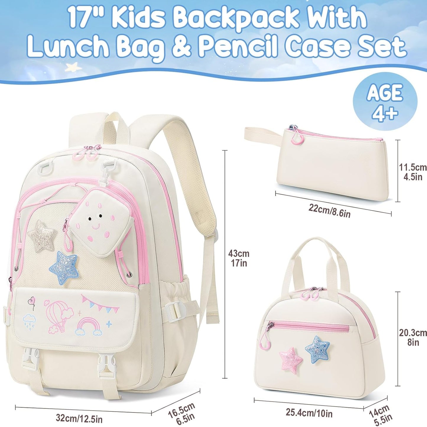 Fimibuke Kids Backpack for Girls, 4 PCS Waterproof Teen Girls Backpack with Lunch Box, Pencil Case & Headphone Bag Set