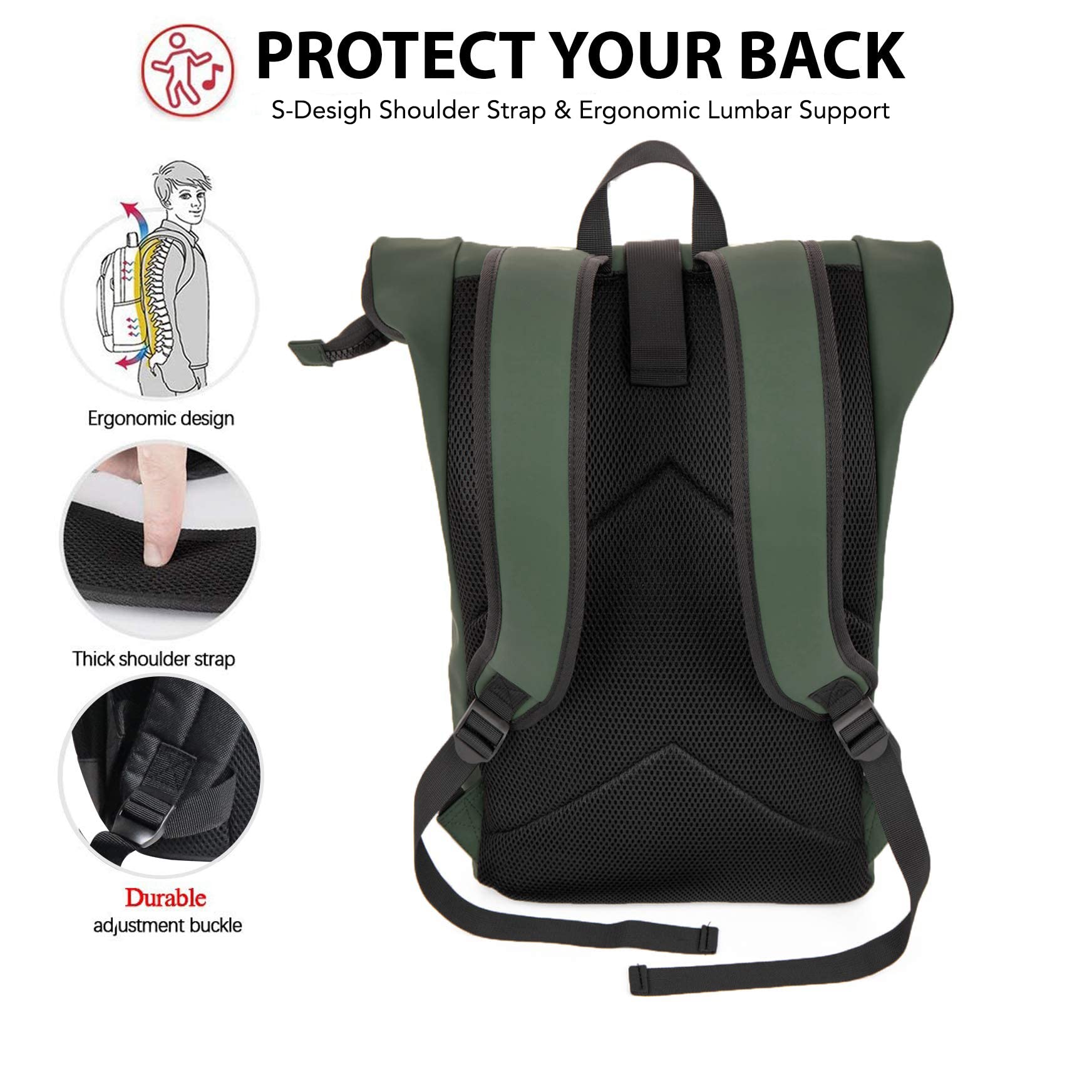X RAY Roll Top Laptop Backpack for Men Women, PU Leather Expandable Roll Up Backpack Capacity