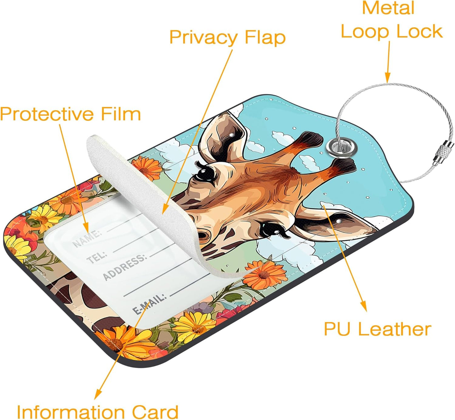 3 Pack PU Luggage Tags for Suitcase, Cute Giraffe Suitcase Tag Leather Privacy Cover ID Label with Stainless Steel Loop for Baggage Handbag School Bag Backpack
