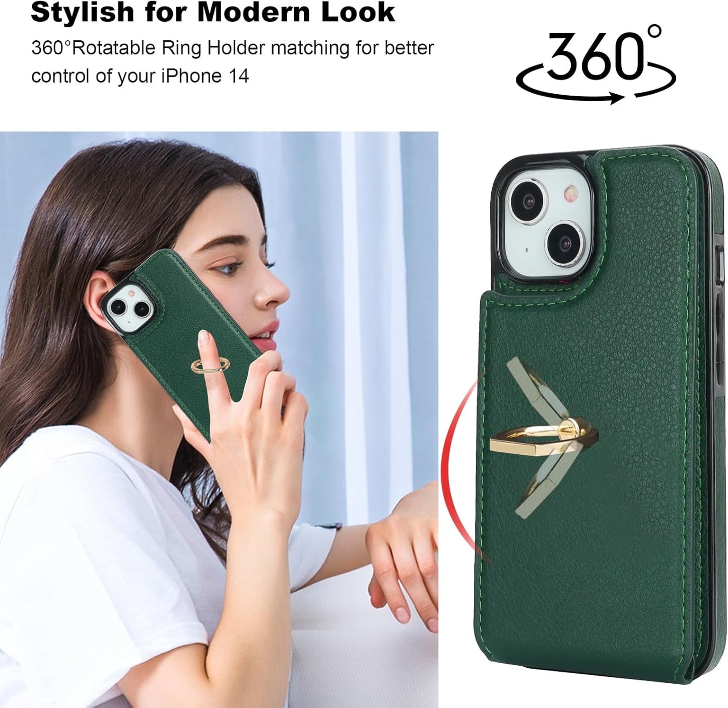 Folosu Compatible with iPhone 14 Case Wallet with Card Holder, 360°Rotation Finger Ring Holder Kickstand, RFID Blocking Leather Protective Double Buttons Shockproof Cover 6.1 Inch Dark Green