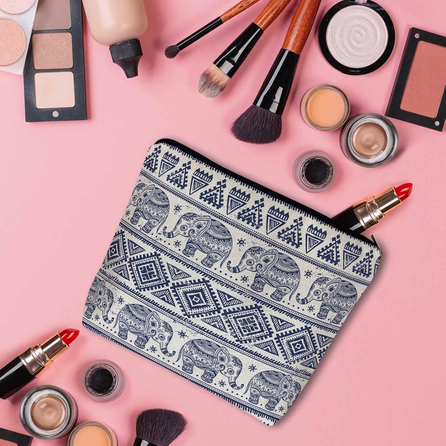 Elephant Cosmetic Bags For Women, Ethnic Geometric Elephant Roomy Makeup Bag Toiletry Bag
