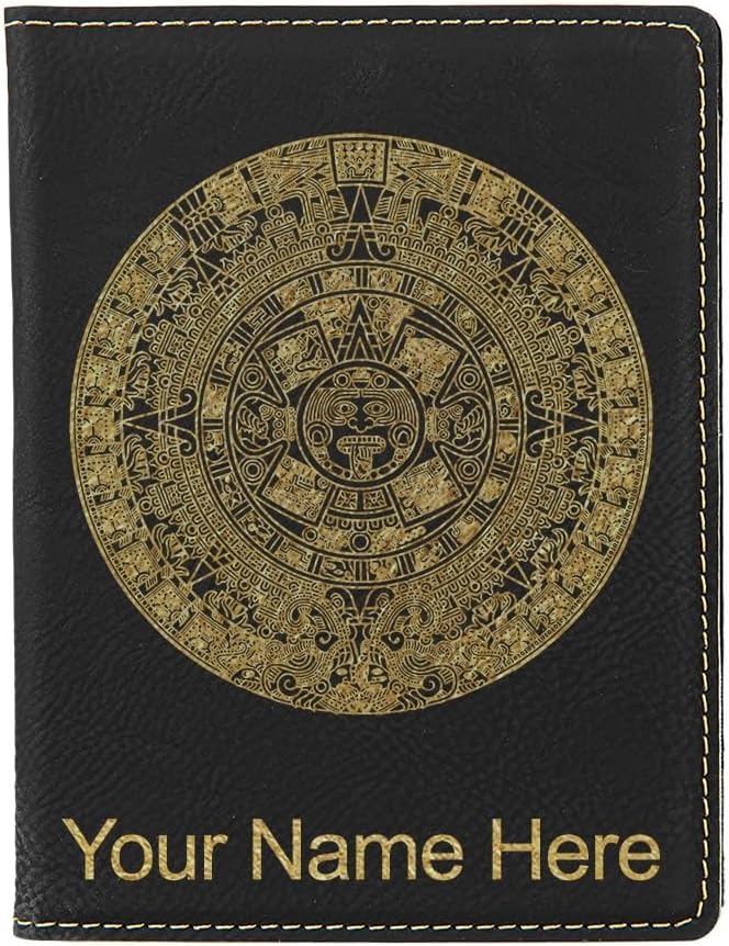 LaserGram Faux Leather Passport Holder, Aztec Calendar, Personalized Engraving Included (Black with Gold)