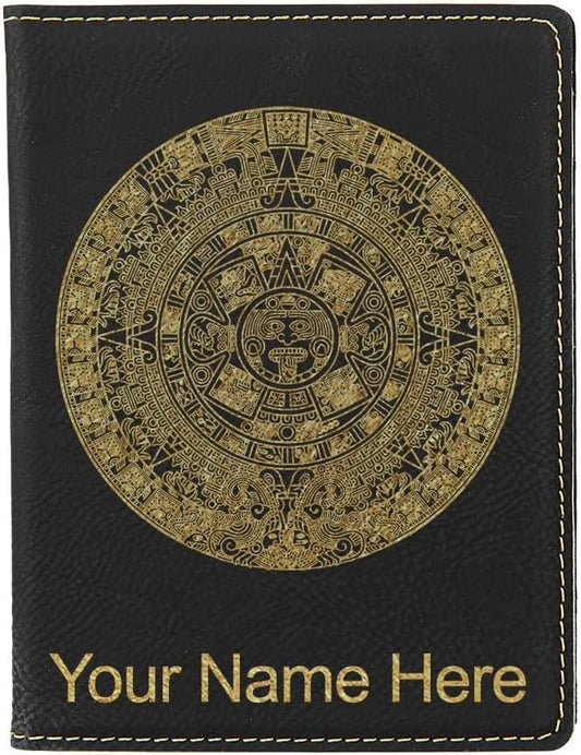LaserGram Faux Leather Passport Holder, Aztec Calendar, Personalized Engraving Included (Black with Gold)