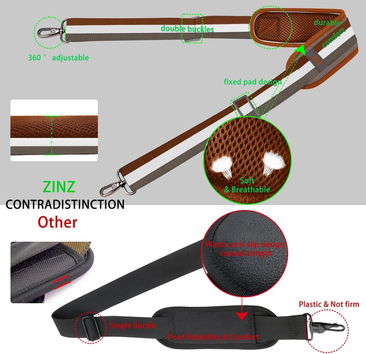 ZINZ 79 inch Shoulder Strap, Extra-thick Fixed Cushion Pad and Dual Clasps Universal Replacement Strap with Metal Swivel Hooks for Laptop Bags, Luggage Bags, Camera, Crossbody(Stripes-BrWGy)