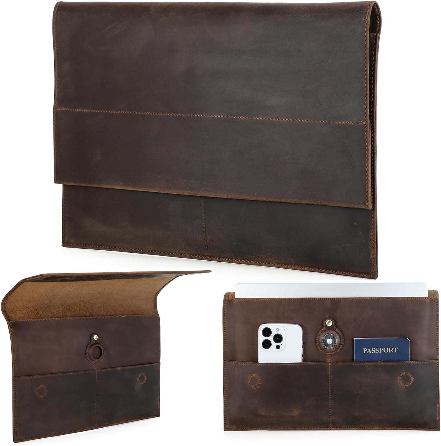 Top Grain Leather 14.2" Slim Laptop Sleeve Bag, Magnet Clasp Closure Style & 3 Pockets & Tracker Holder, Fully Handmade, Fits MacBook Pro/Air 14.2"/13.3"/Cellphone/Passport, Coffee 14.2 Inch