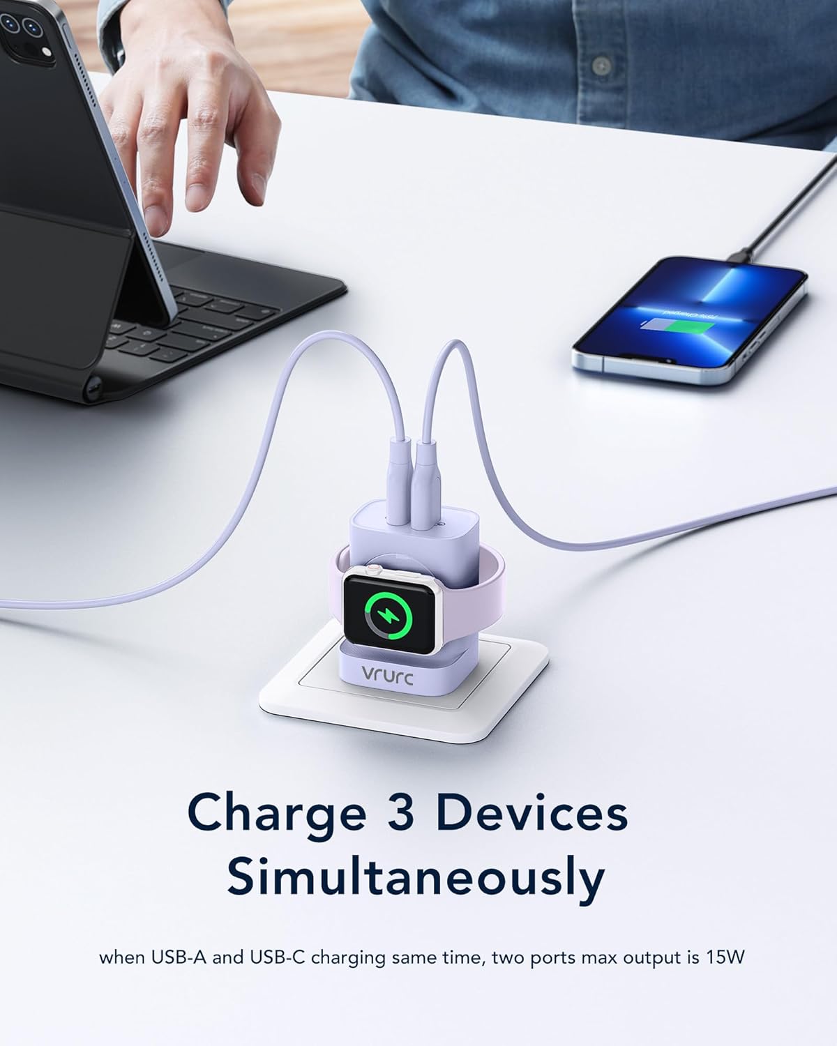 VRURC for Apple Watch Charger, Portable iWatch Charger Stand, 20W PD Fast Charging Block for iPhone, USB C Wall Ttravel Plug for Apple Watch Ultra/SE/11/10/9/8/7/6/5,iPhone 17/16/15 14 13-Purple