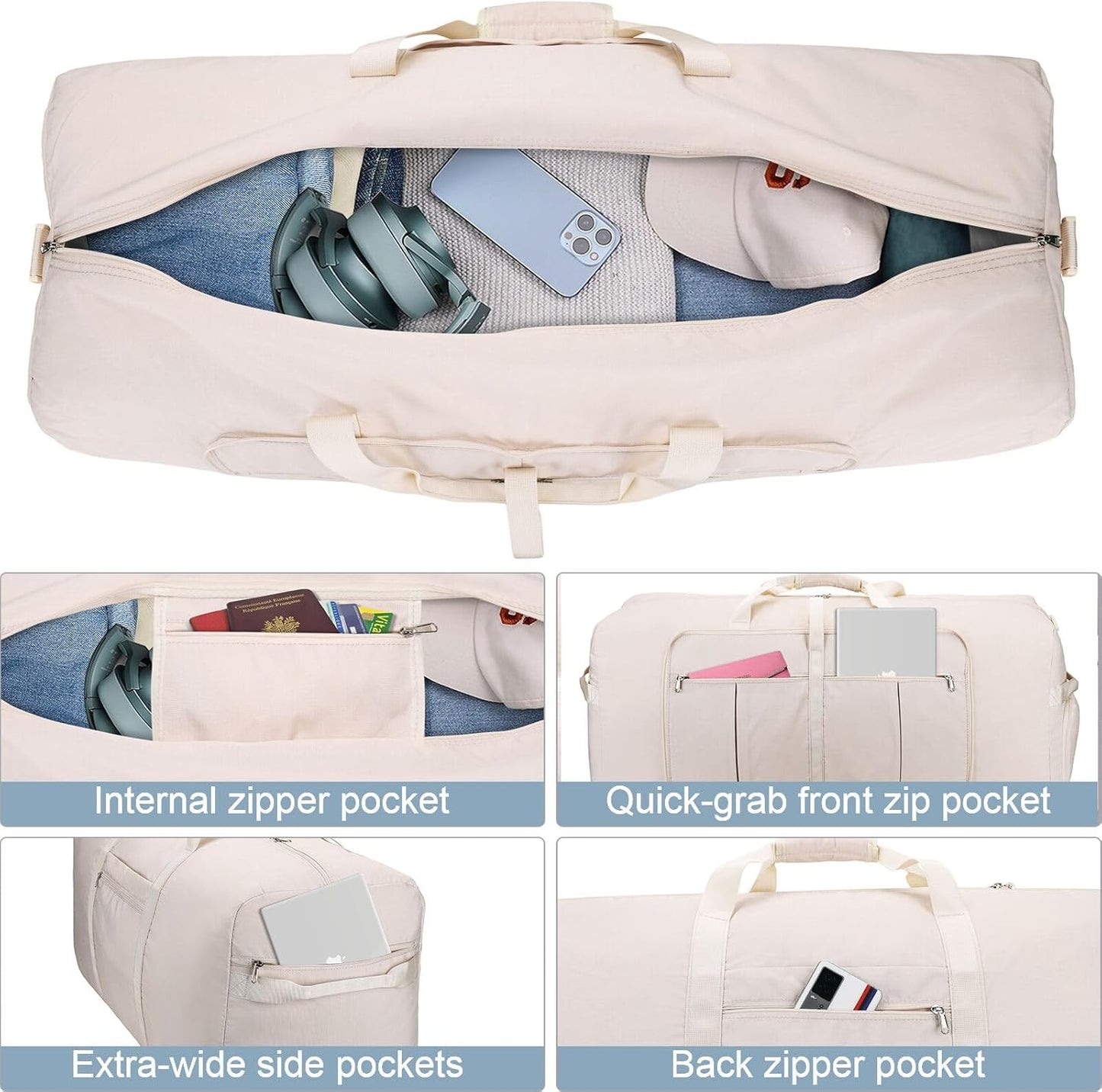 120L Travel Duffle Bag for Men and Women, Urtala 34” Large Duffle Bag for Traveling with Shoe Compartment, Foldable Duffel Bag Water & Tear Resistant (Beige)