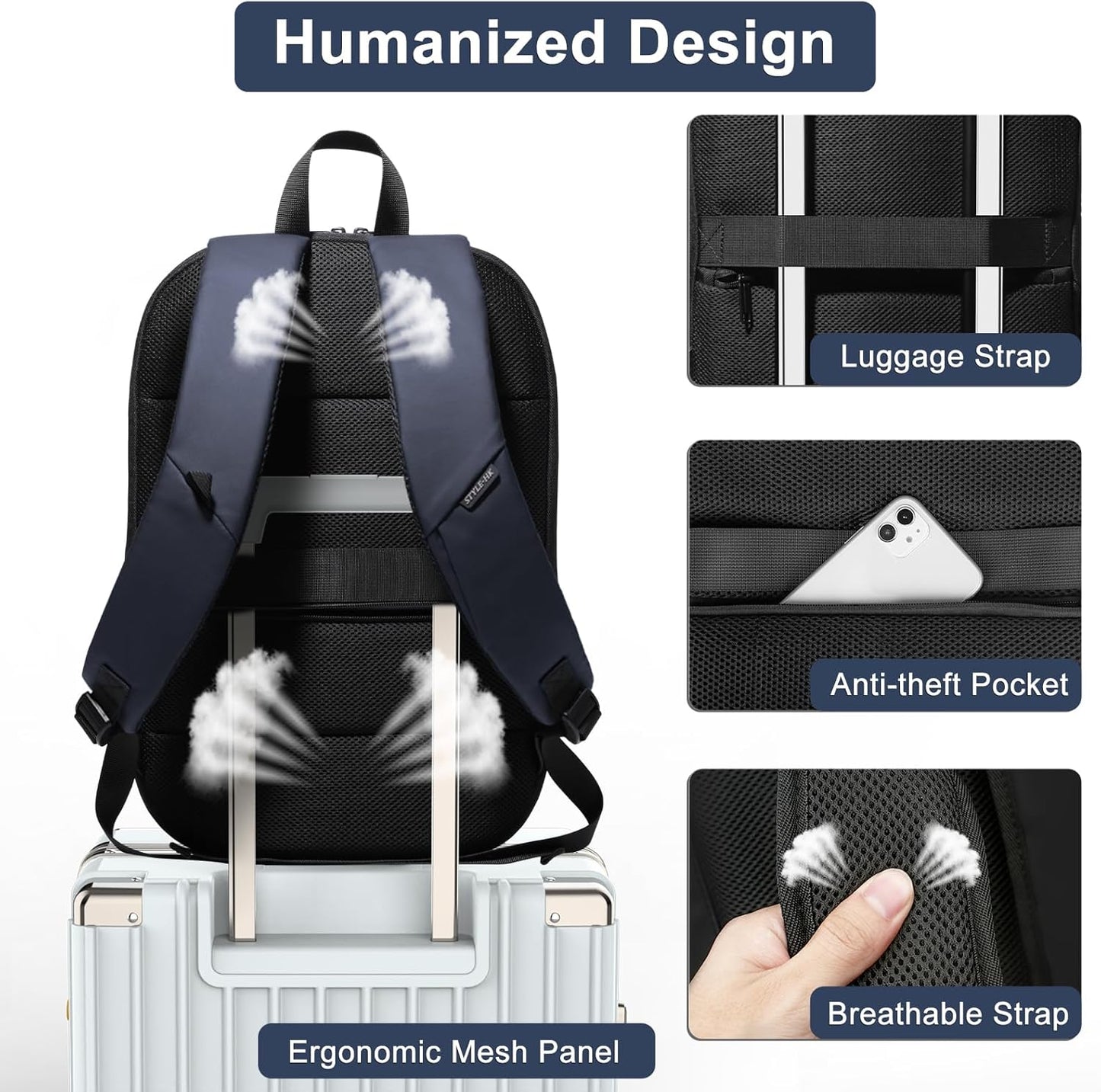 Business Backpack 17 Inch Slim Expandable Waterproof Travel Laptop Backpacks with USB Charger Port
