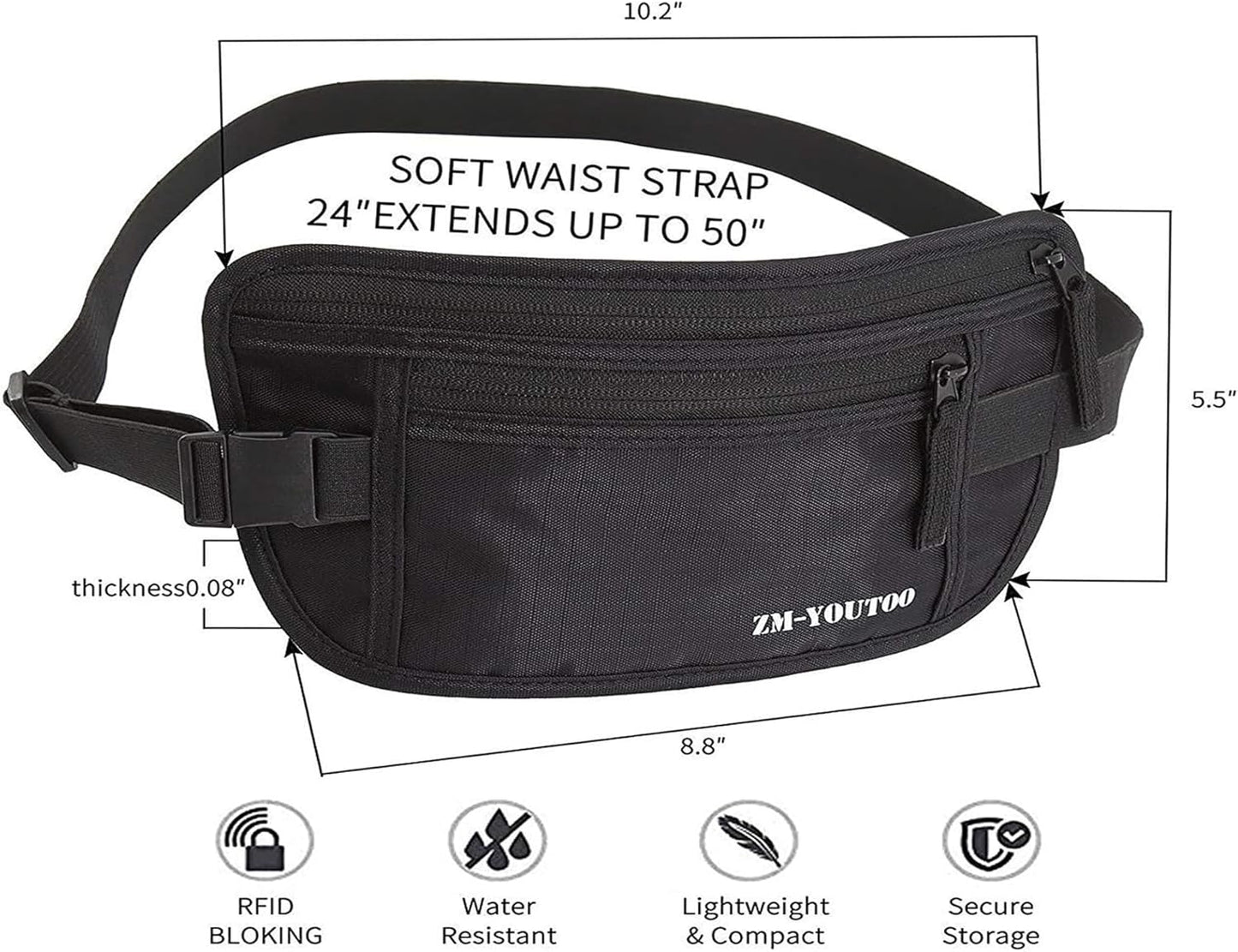 Money Belt for Travel - Hidden Travel Pouch Protect Your Credit and Money With RFID Blocking Passport Holder Waist Wallet (Black)