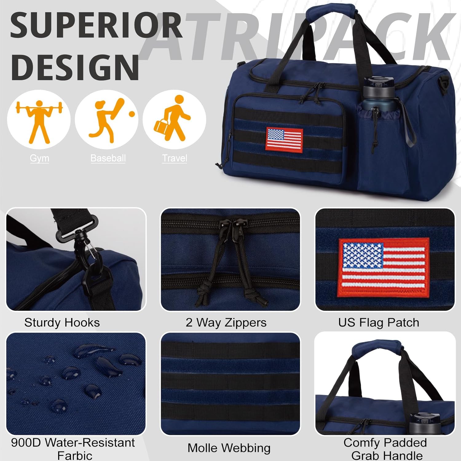 Tactical Gym Bag for Men, 40L Large Capacity Duffle Bags with Shoes Compartment, Sports Bag with