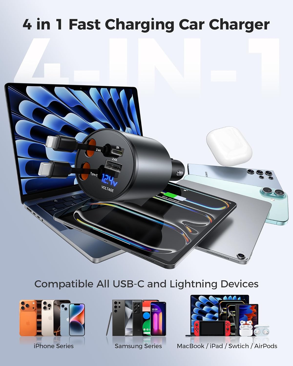 Retractable Car Charger, [2025 New] 4 in 1 Fast Car Phone Charger with Retractable Type C & L Cords, 120W USB Car Charging Adapter for iPhone 13 14 15 16 17Pro Max, Samsung Galaxy, Pixel