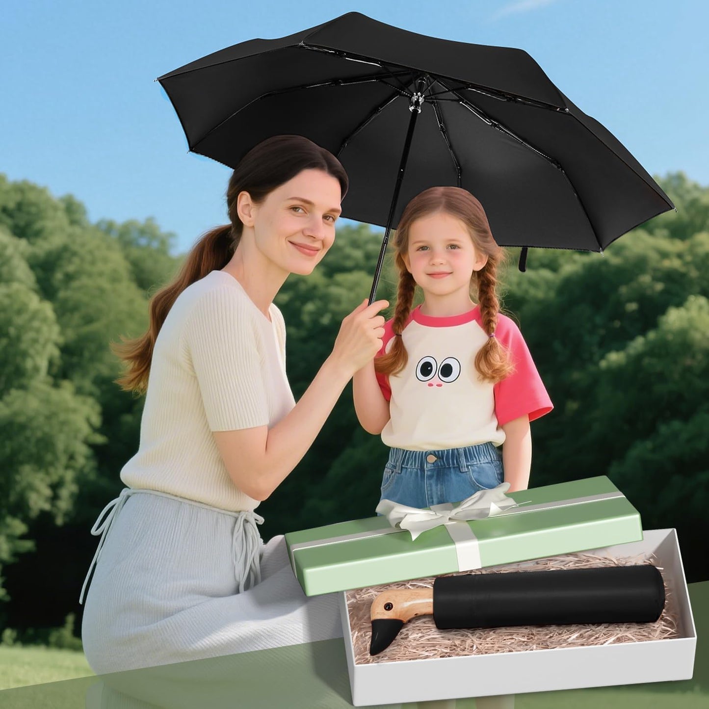 LEAGERA Compact Small Umbrellas for Rain&Sun, Cute Design Duck Head Umbrella for Girls Gifts, 8 Ribs Folding Umbrella with Wooden Handle