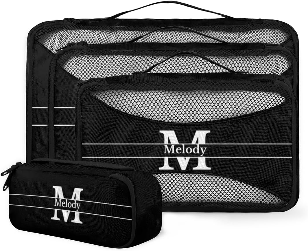 Personalized Packing Cubes, Set of 4 with Zipper Handles for Men Boys, Custom Name Travel Suitcases Luggage Packing Organizers, Solid Black with Initial Letter