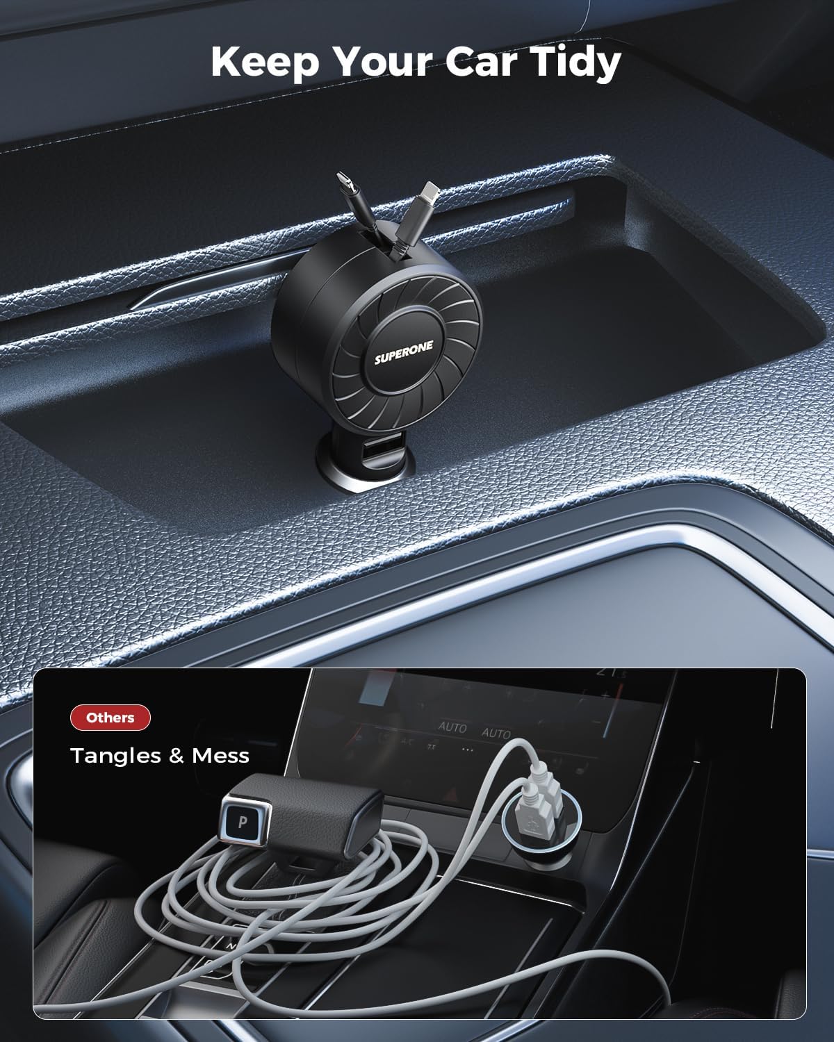 SUPERONE Retractable Car Charger with Retractable Cords, Small Fast Charge Retractable Car Phone Charger for iPhone and Android, Compatible with iPhone 17/16/15/14/13/12/11 Pro Max Samsung