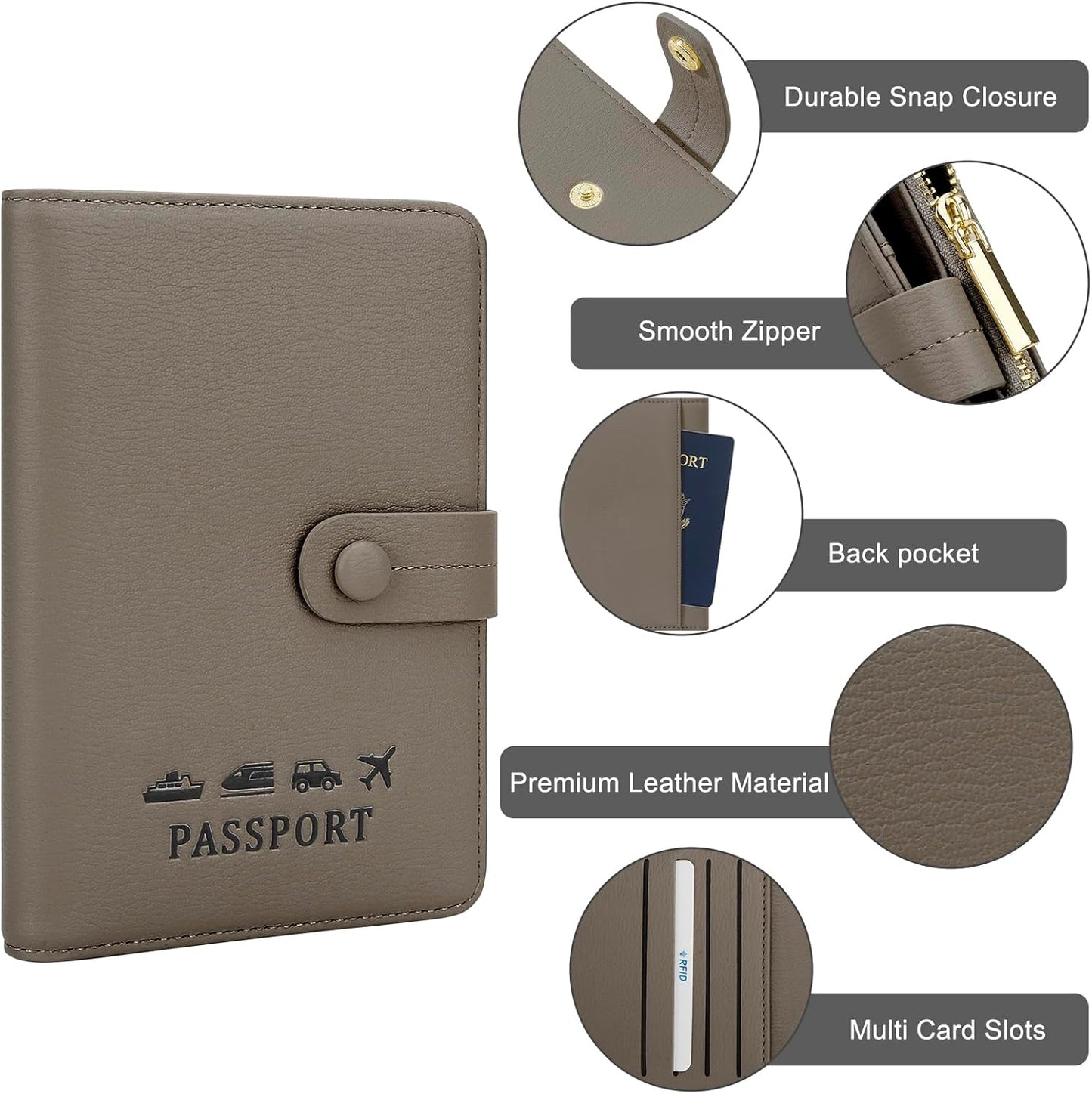 DOB SECHS Passport Holder Wallet for Women, Leather RFID Blocking Passport Cover Credit Cards Case Women Travel Accessories Organizer Pouch Bag with ID Window+Zippered Cash Pocket+SIM Slots, Grey
