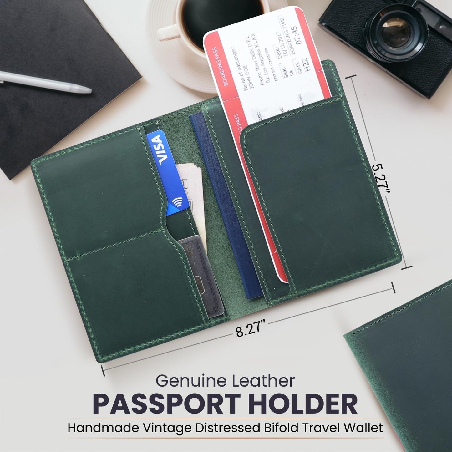 Leather Passport Holder with Travel Wallet, Genuine Leather Passport Cover- Passport Wallet, Leather Folding Wallet for Passports (Straight Cut, Green)
