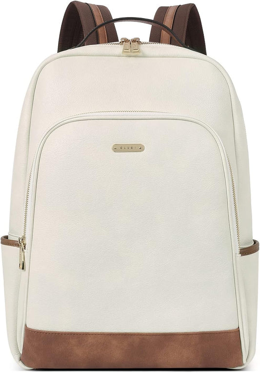 CLUCI Leather Backpack for Women 15.6 inch Laptop Backpack Purse Computer Backpack for Travel Airplane Casual Daypack Beige with Brown