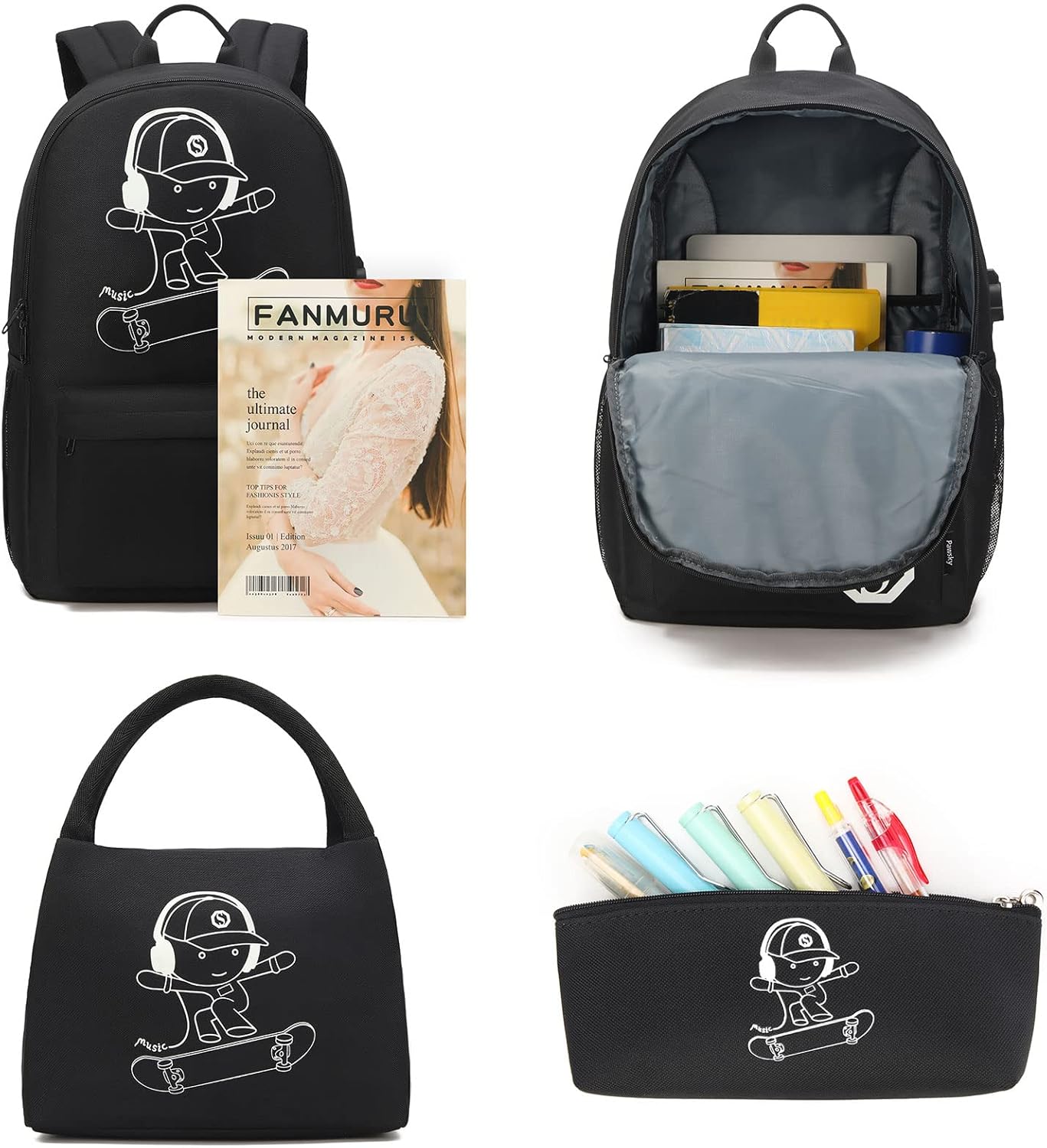 Boys Backpacks, Kids Backpack Kindergarten Elementary Middle School College Book Bags Teen Boy with Lunch Box and Pencil Case, Waterproof Travel Back Pack Laptop Backpack (Black)