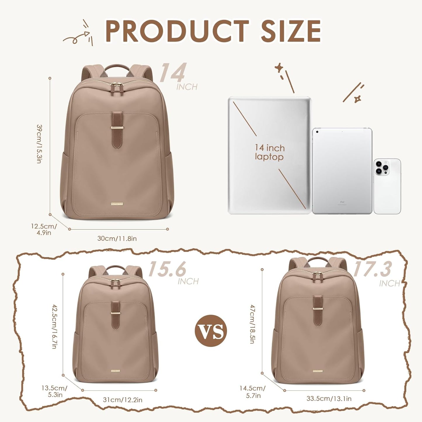 Laptop Backpack for Women,Casual Work Business Backpacks Purse Carry on Travel Backpack,14 Inch,Brown