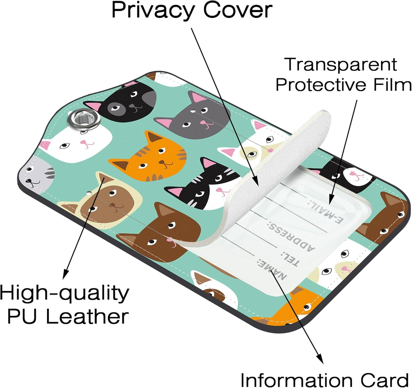 2 Pack Luggage Tags,Cute Cat Face PU Leather Idea Baggage Tag with ID Labels Privacy Cover Metal Ring Men and Women Travel Bag Labels