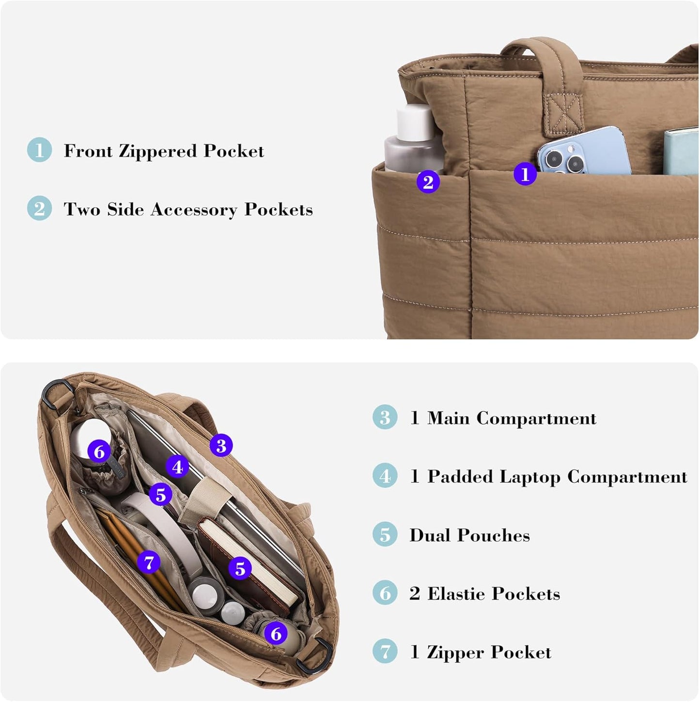 AOCINA Puffy Tote Bag for Women Quilted Work Bag Nurse Bags Women's Handbags for Travel
