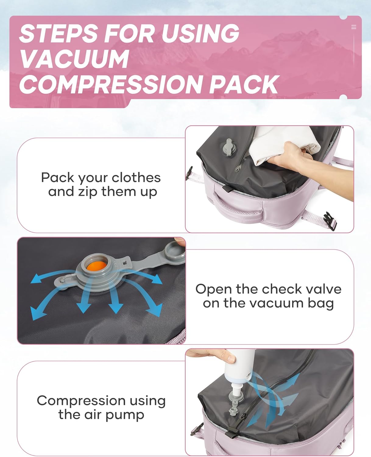 suwasp Vacuum Travel Backpack with Electric Vacpack Pump for Women, 40L Expandable Vacuum Compression Bags Personal Item Backpack Flight Approved Vacuum Seal Backpack for Traveling, Light Pink