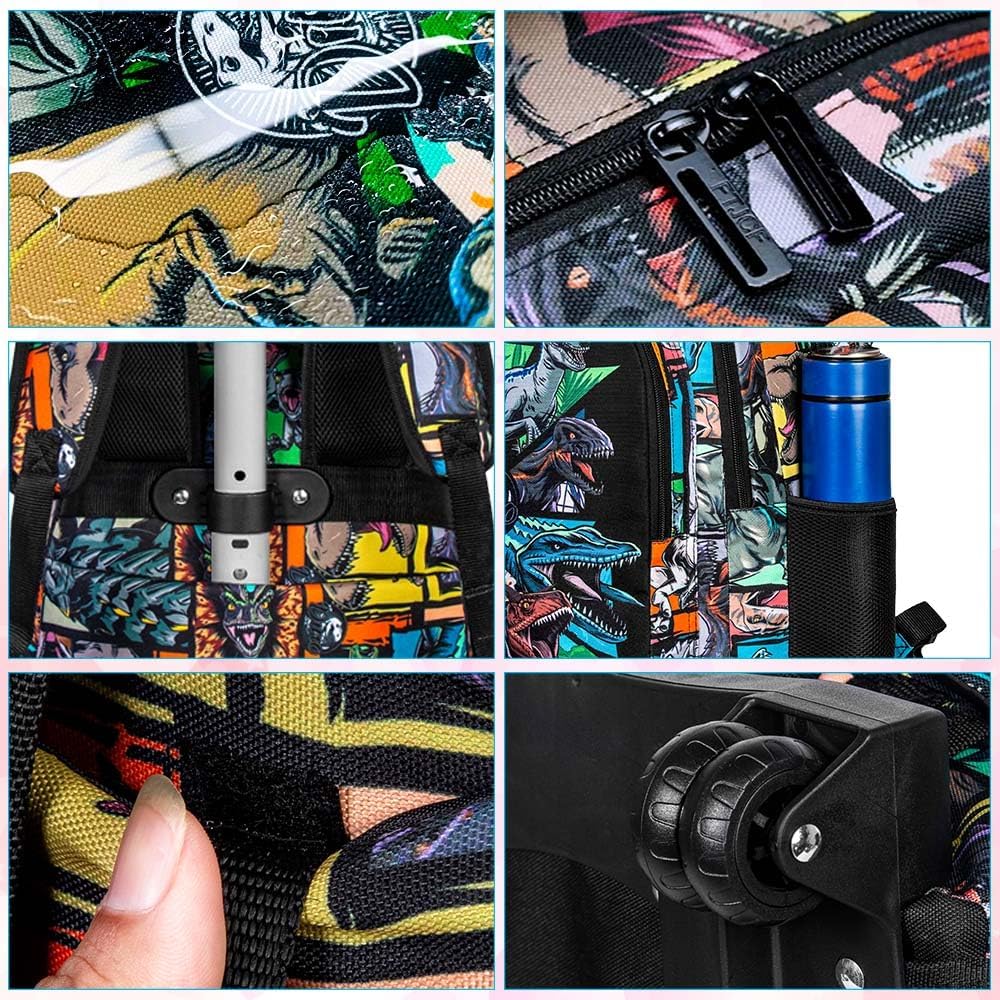 3PCS Rolling Backpack for Boys, 21 Inch Water Resistant Dinosaur Backpacks with Roller Wheels, Wheeled Bookbag for Teens Boys Elementary School Travel