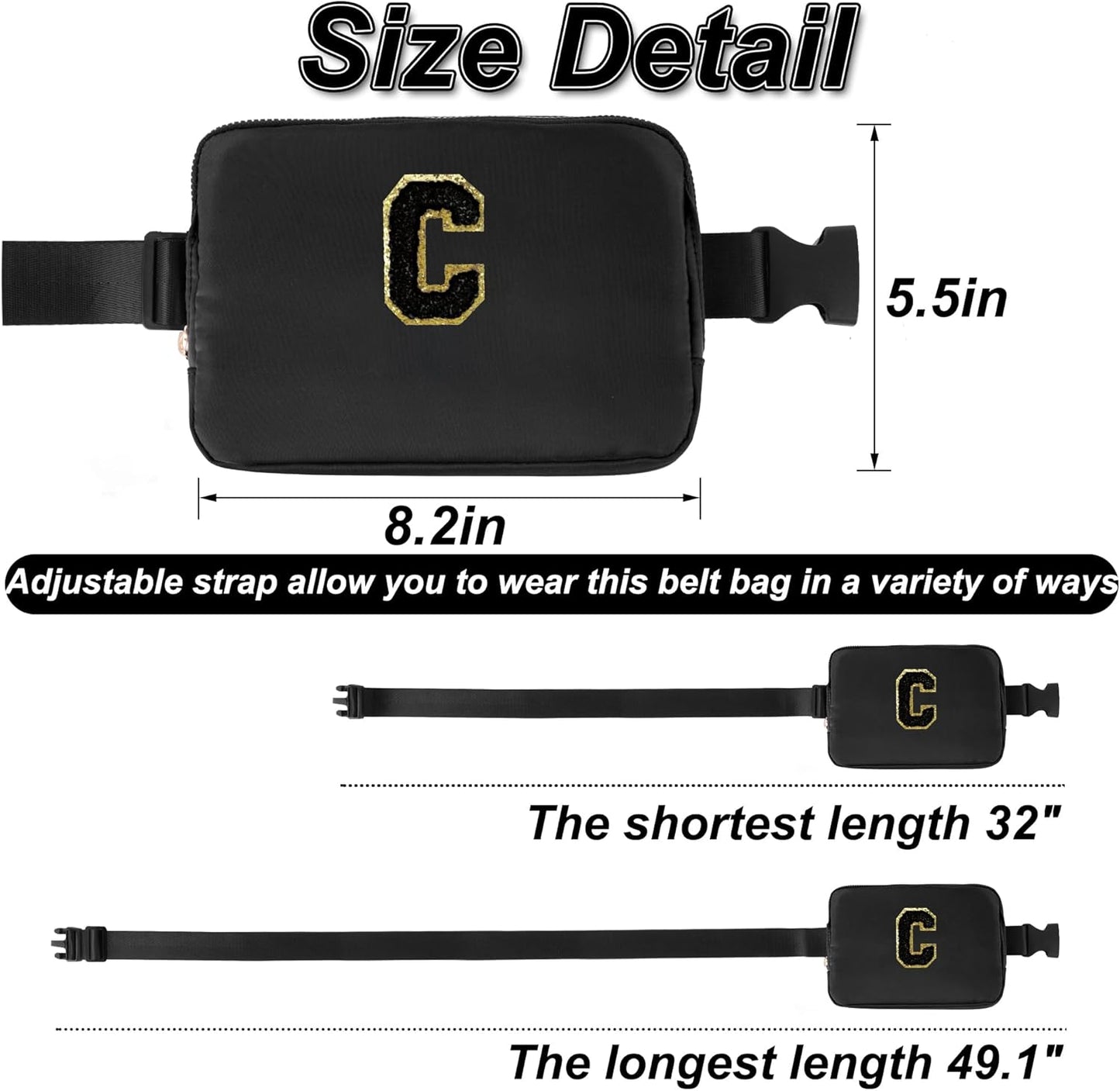 Personalized Belt Bag for Women Girls - Fashion Mini Waist Packs with Adjustable Strap - Trendy Travel Fanny Pack Crossbody Bags with Initial Letter - Teen Gifts | Black,Black C