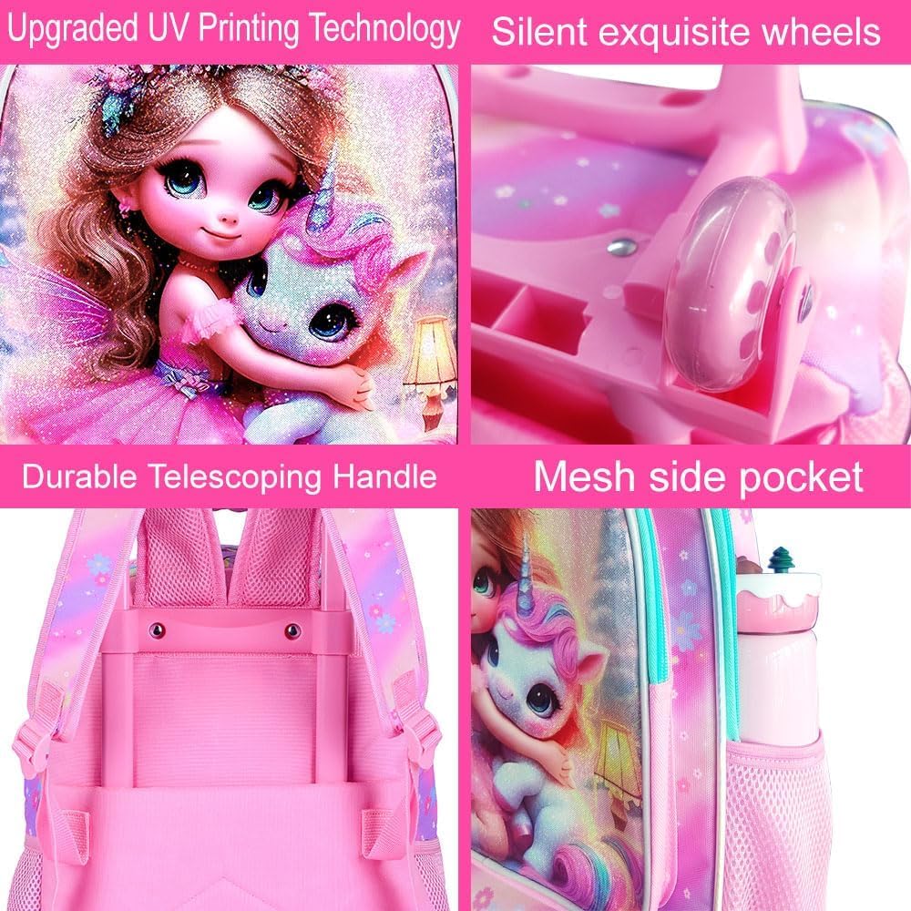 3PCS Rolling Backpack for Girls and Boys, Kids Roller Wheels Bookbag, Wheeled Elementary School Bag with Lunch Bag