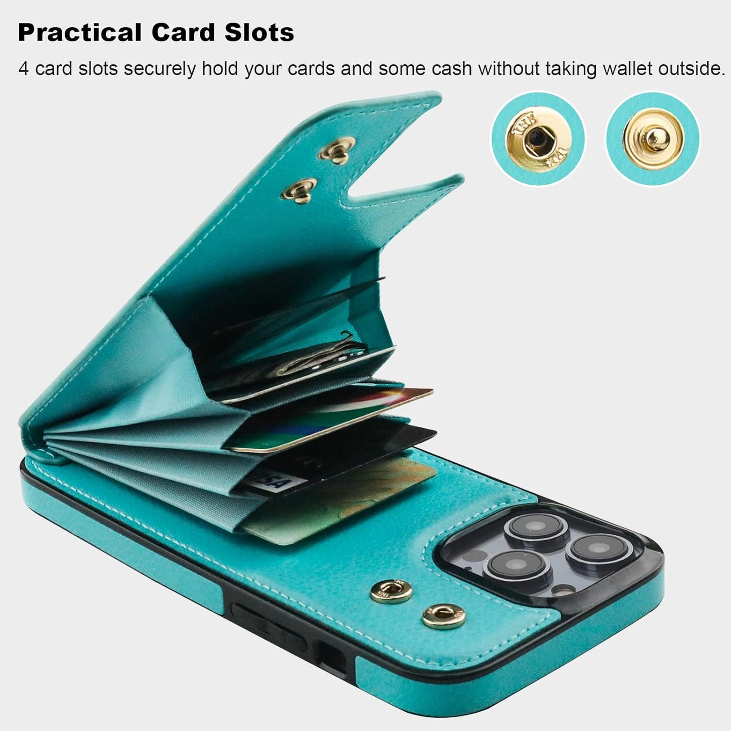 Folosu Compatible with iPhone 14 Pro Max Case Wallet with Card Holder, 360°Rotation Finger Ring Holder Kickstand, RFID Blocking Leather Protective Double Buttons Shockproof Cover 6.7 Inch Green