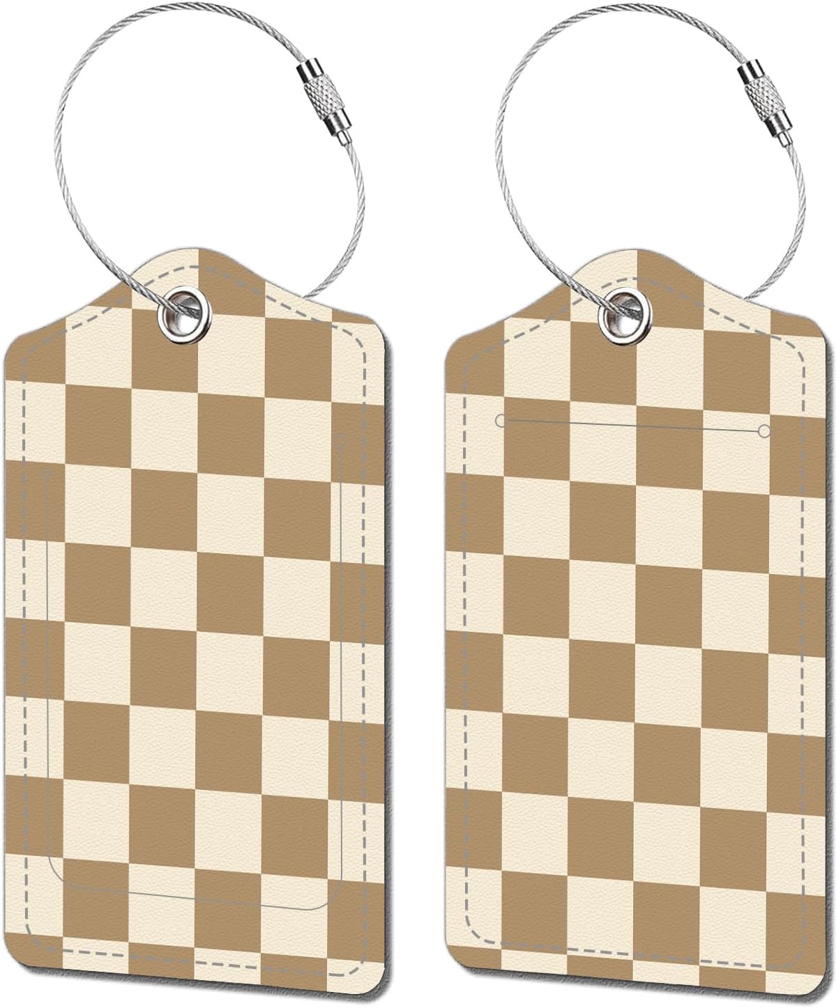 2 Pack Luggage Tags for Suitcase, Fashion Leather Suitcase Tags Cruise Ship with Privacy Cover and Double Metal Loop for Women Men Girls Boys Travel Baggage Bag Backpack Tags，Beige Checkered