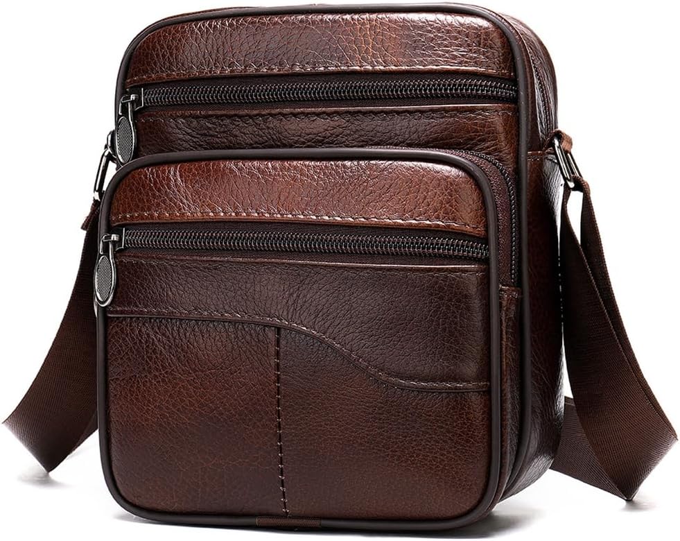 Men's Genuine Leather Crossbody Sling Bag, Small Chest Shoulder Messenger Bag with Adjustable Strap