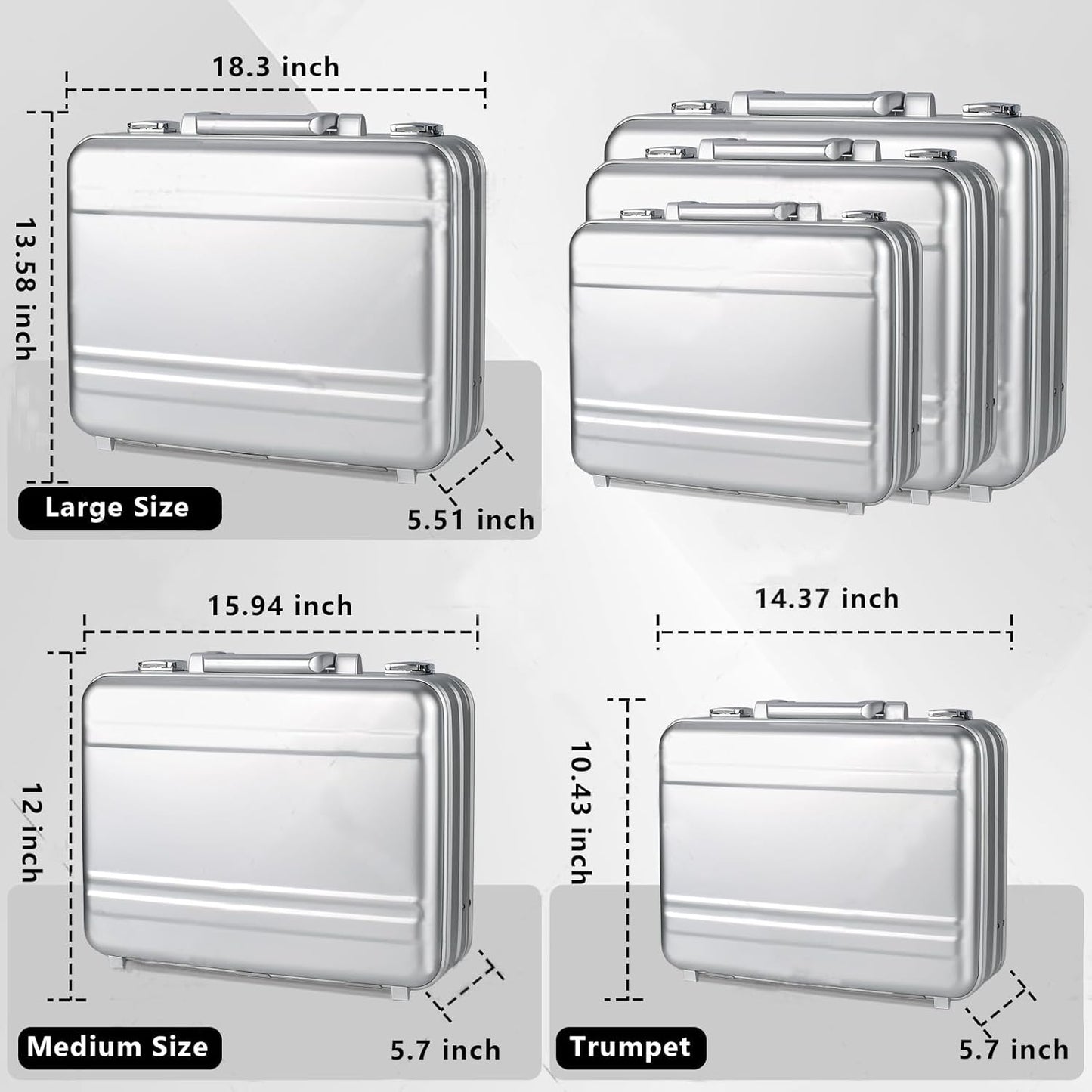 Silver Metal Brief Case 16.5X12.6X6.1 Inch Aluminum Toolbox TSA Combination Lock Cash Weekend Short-term Travel Bag Lawyer Briefcase