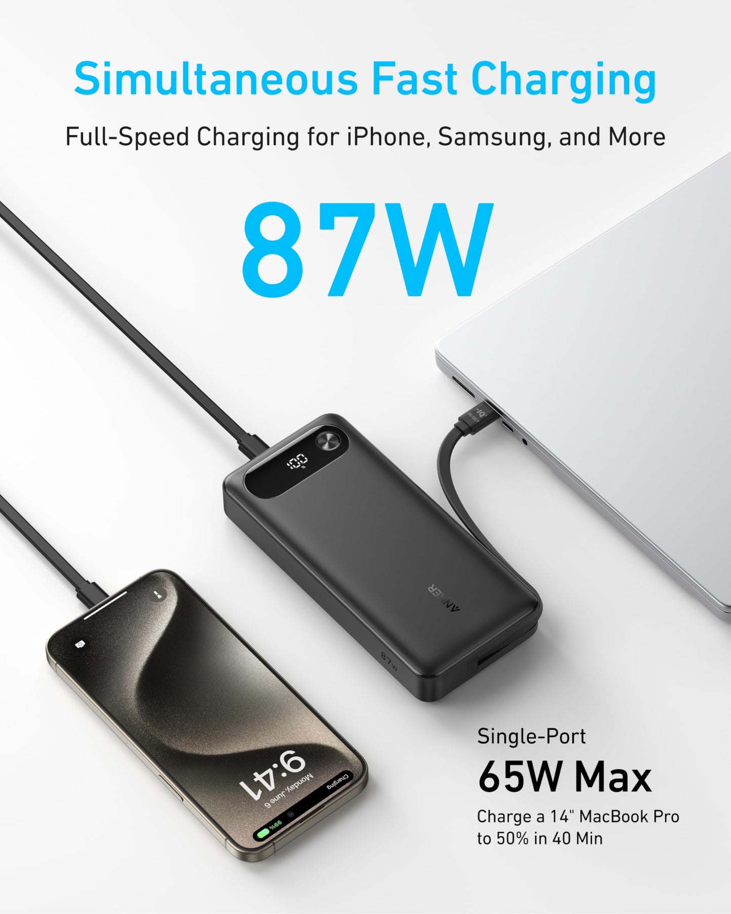 Anker Power Bank, 20,000mAh Travel Essential, Built-in USB-C Cable(Black)