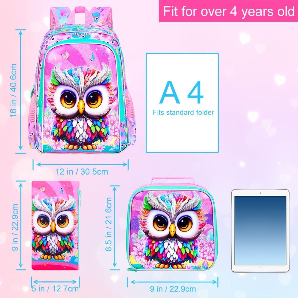 3PCS Owl Bookbag for Girls, Water Resistant Kids Bookbag Set with Lunch Box, Cute School Bag for Preschool Toddler
