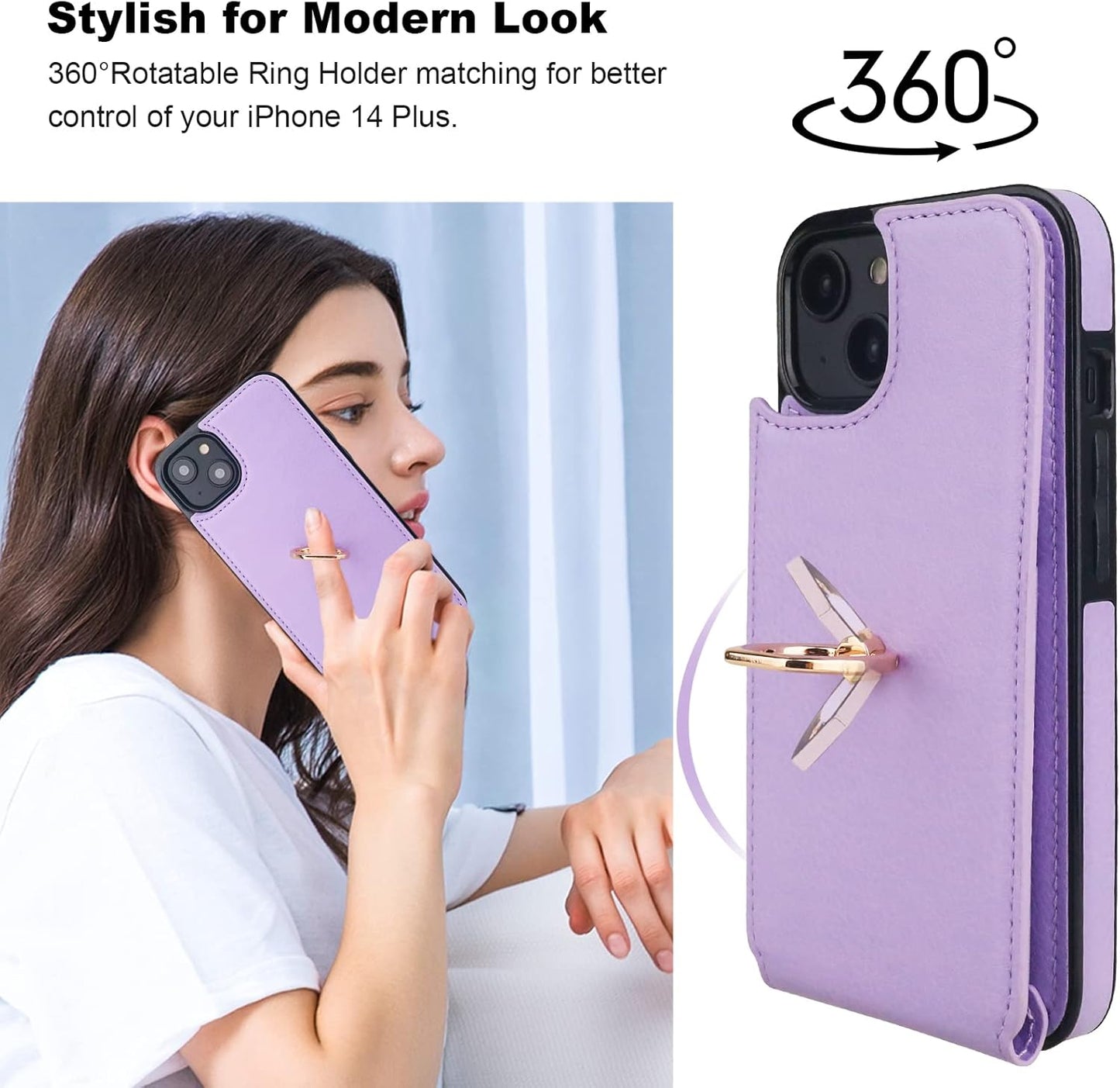 Folosu Compatible with iPhone 14 Plus Case Wallet with Card Holder, 360°Rotation Finger Ring Holder Kickstand, RFID Blocking Leather Protective Double Buttons Shockproof Cover 6.7 Inch Purple