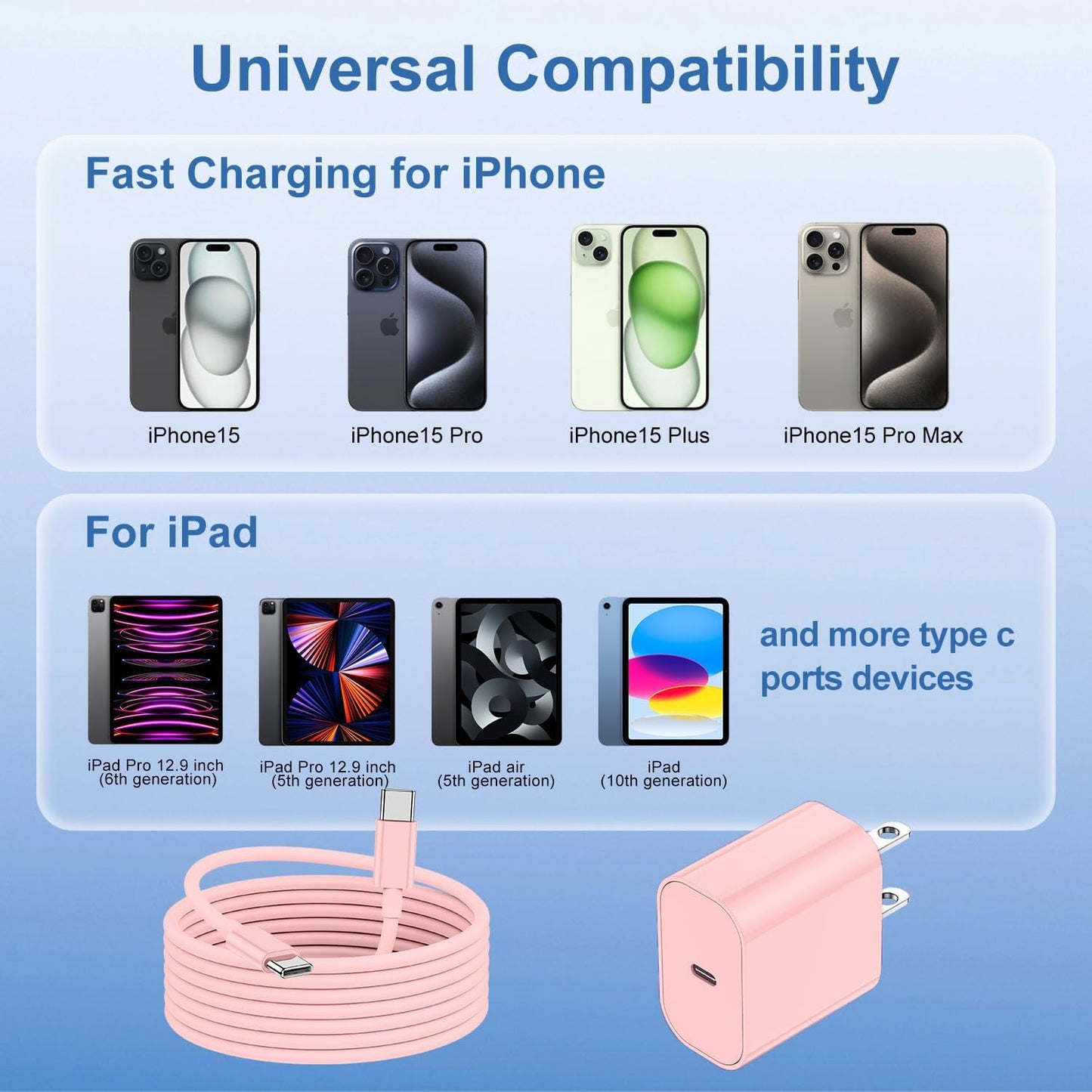 iPhone 16 15 Fast Charger and 10ft Type C to C Cable Cord Long,20W USB C Charging Block for Apple iPhone 16 Pro/16 Plus/15 Pro Max/15/iPad Wall Plug Power Adapter Cube Brick 12.9/11/Air 4th/6 Gen/Mini