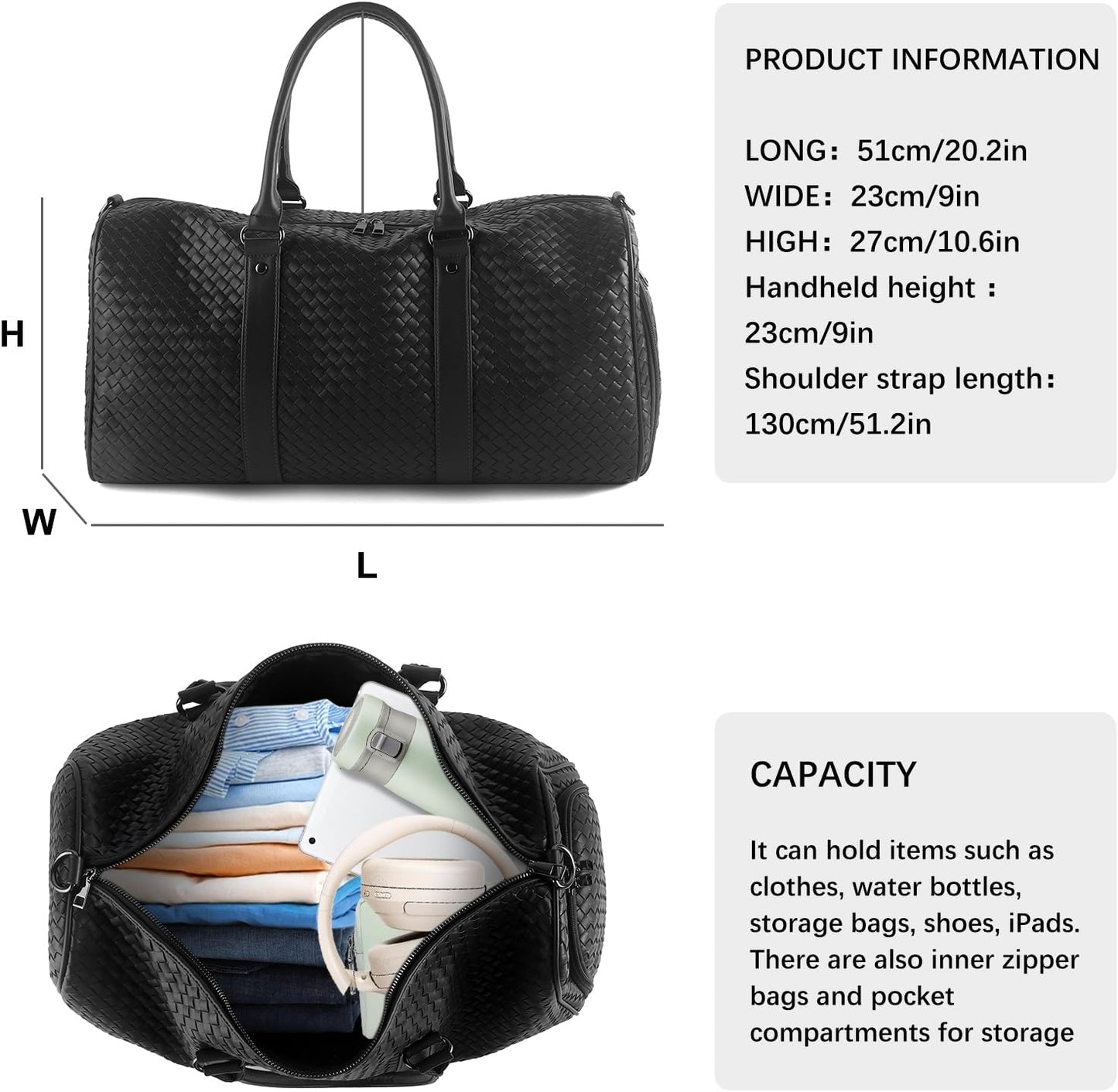 Weekender Bags for Women Woven Leather Travel Duffel Bag with Shoe Compartment, Carry On Garment Bag for Men Women, Large Capacity Water-resistant Gym Tote (Black)