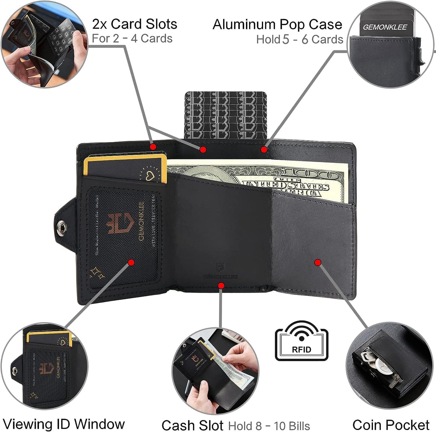 Wallet For Men Pop up Card Wallet RFID Blocking Slim Aluminum Metal Bank Card Holder Case with Business Money Pocket for Credit Cards Notes and Coins (Black)