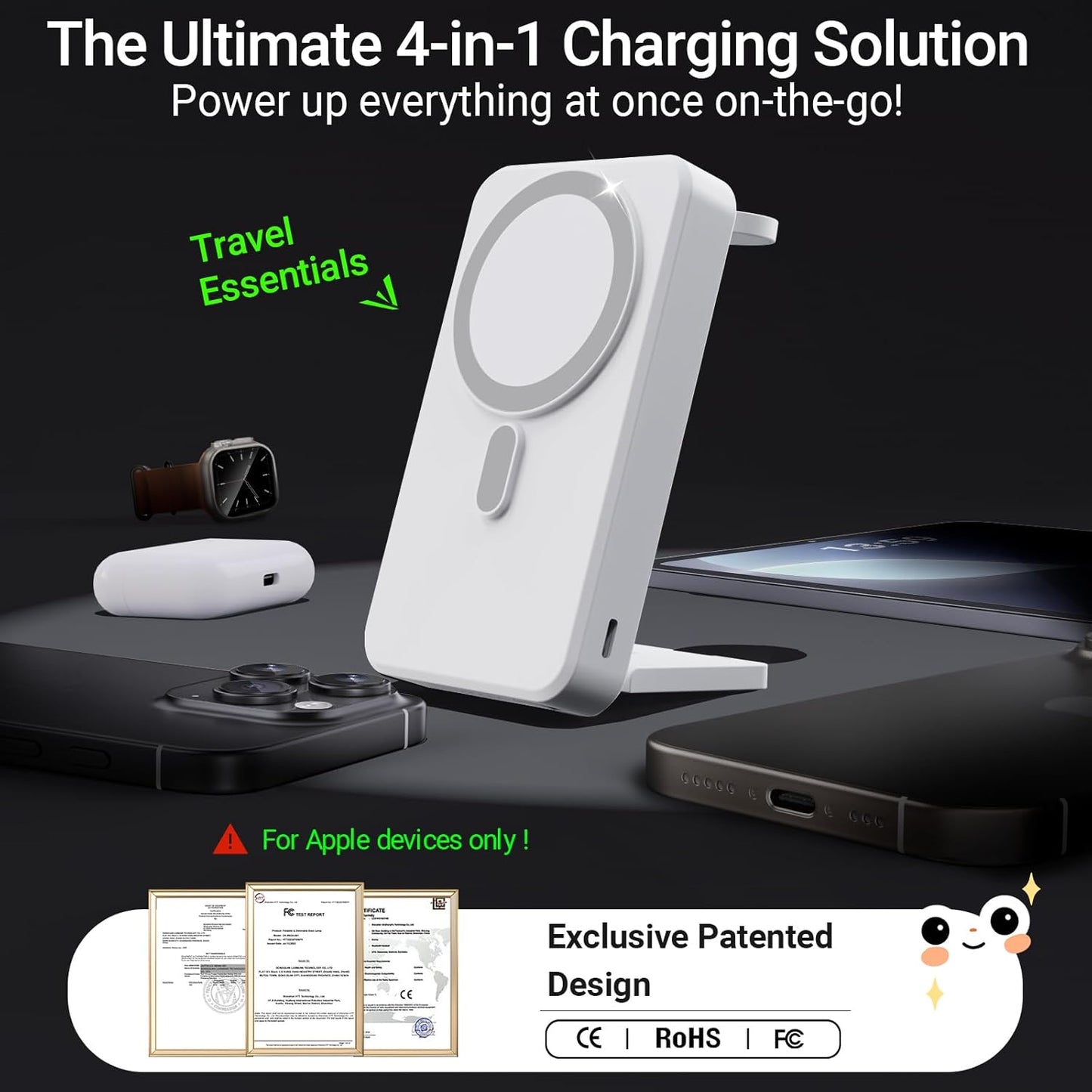 3-in-1 Portable Charger, 10000mAh Foldable Power Bank Fast Charging,MagSafe Charger Battery Pack Magnetic,Travel Wireless Charging Station for iPhone 17/16/15/14/13/12,iWatch, Air pods, White