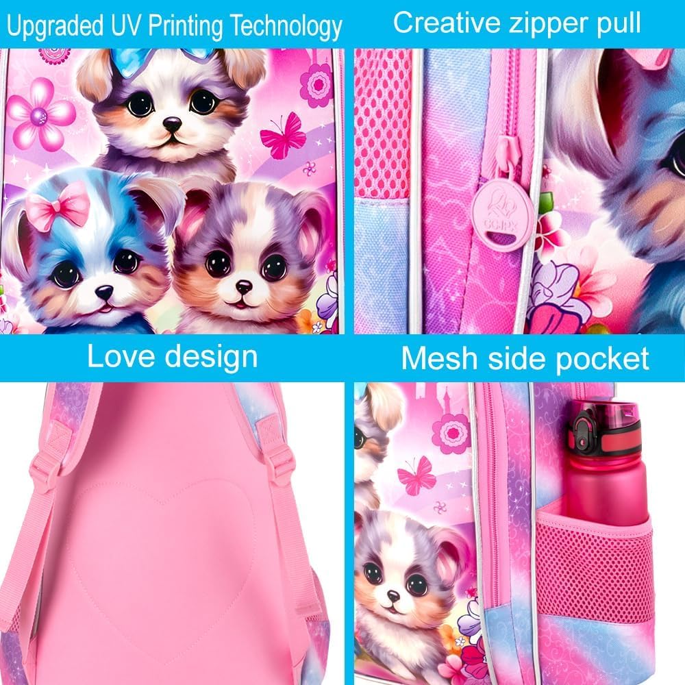 gxtvo 3PCS Girls Dog Bookbag, 16" Kids Backpackwith Lunch Box, Water Resistant School Bag for