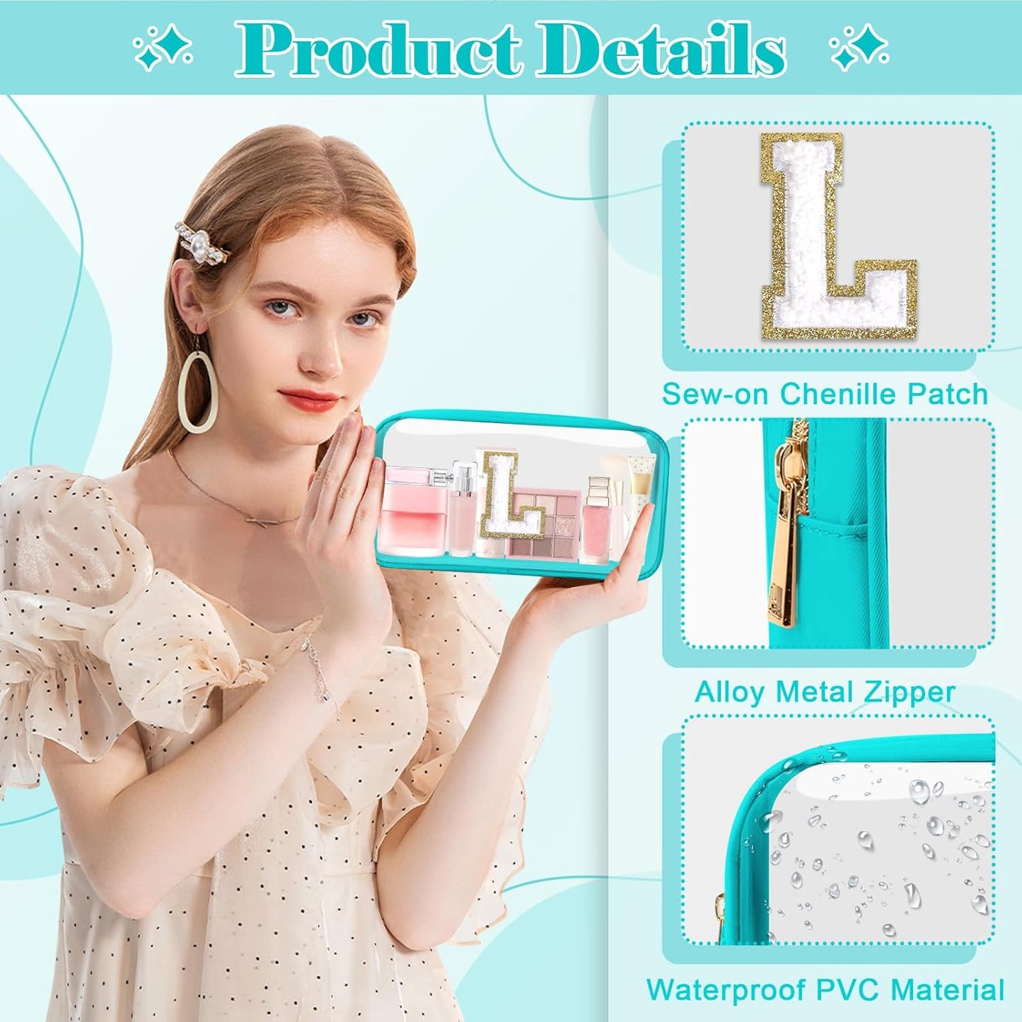 Personalized Initial Letter Clear Makeup Bag,Preppy Small Nylon&PVC Cosmetic Zipper Bag with Chenille Letter,Portable Beach Travel Skincare Toiletry Bag,Trendy Monogram Gift for Teen Girls Women,L