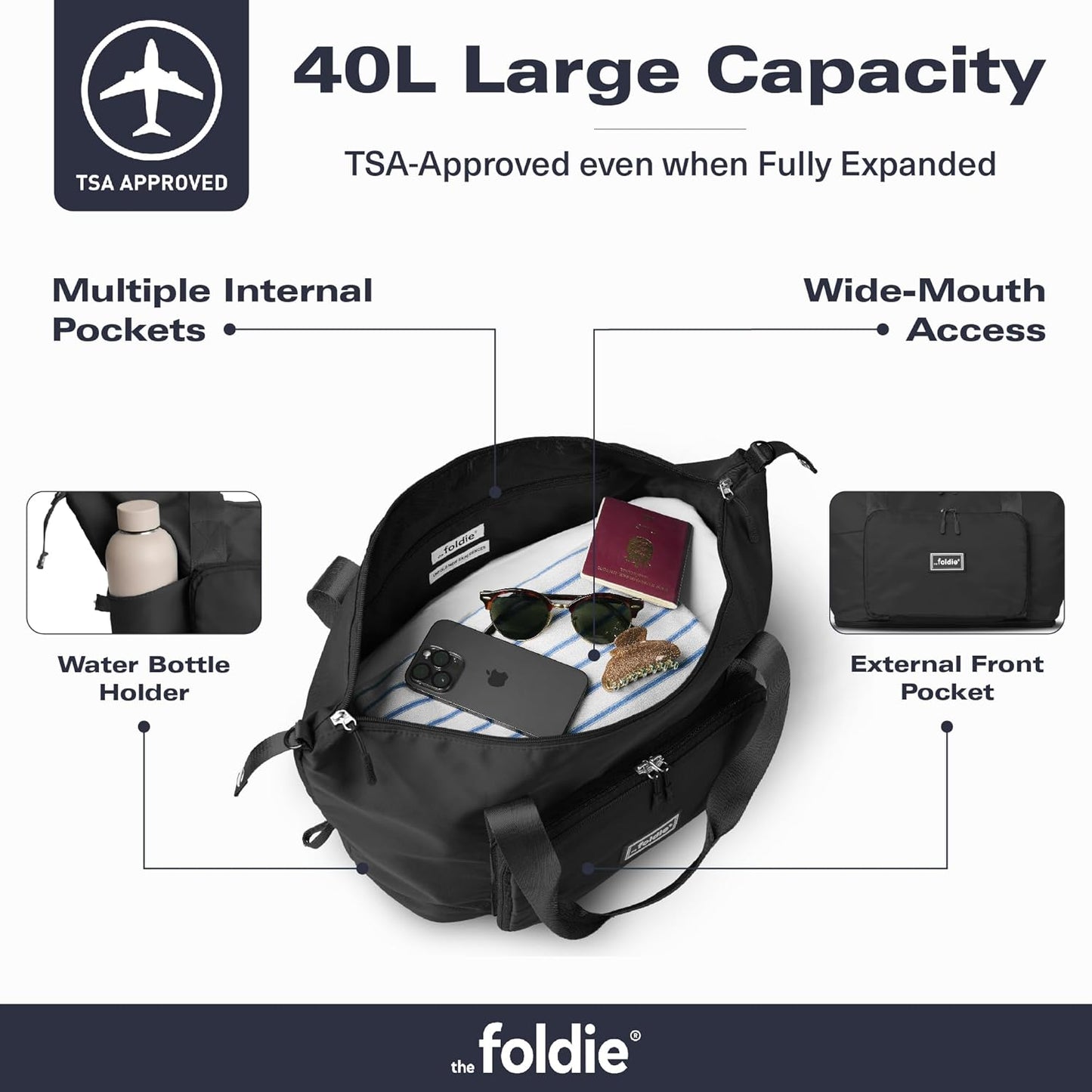 The Foldie Foldable Travel Bag for Women - 40L Weekender Bag with Multiple Pockets - Carry On Expendable Travel Bag