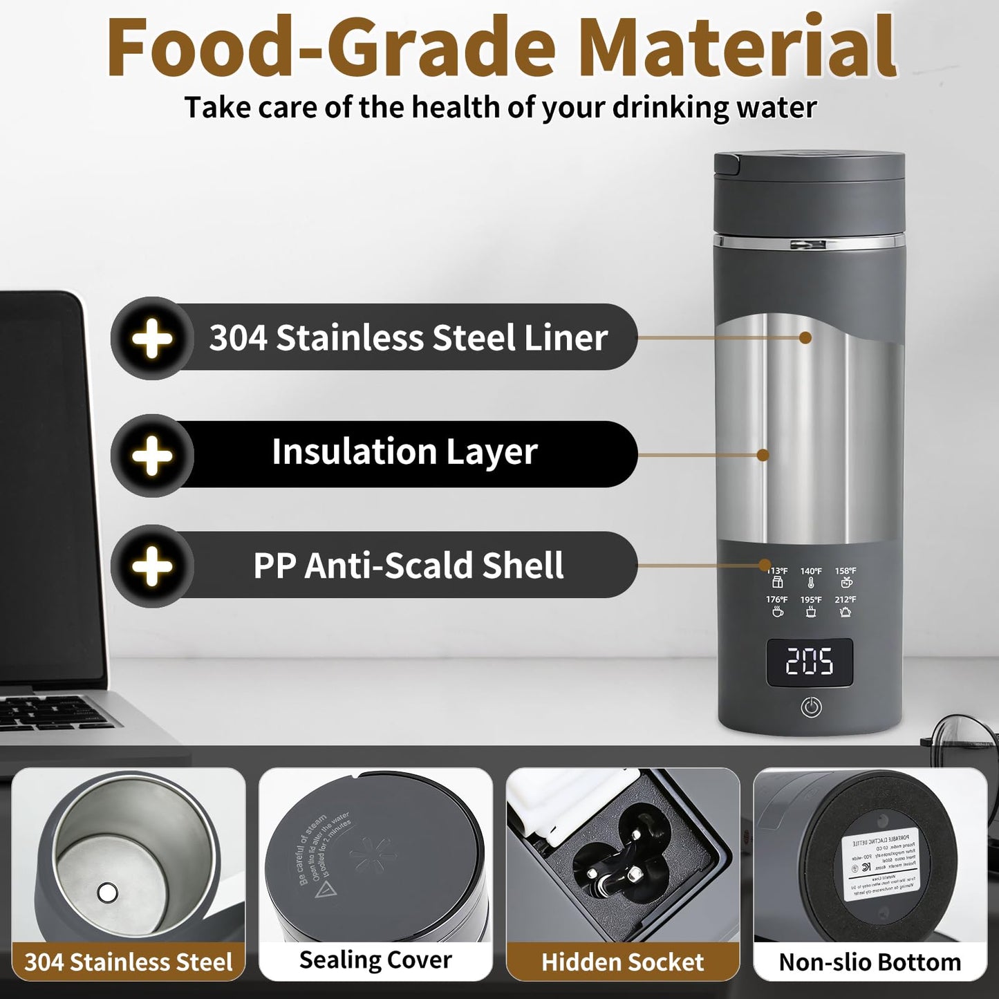 Travel Electric Kettle, LCD Display with 6 Temperature Settings, 304 Stainless Steel, 450ml/15.2oz