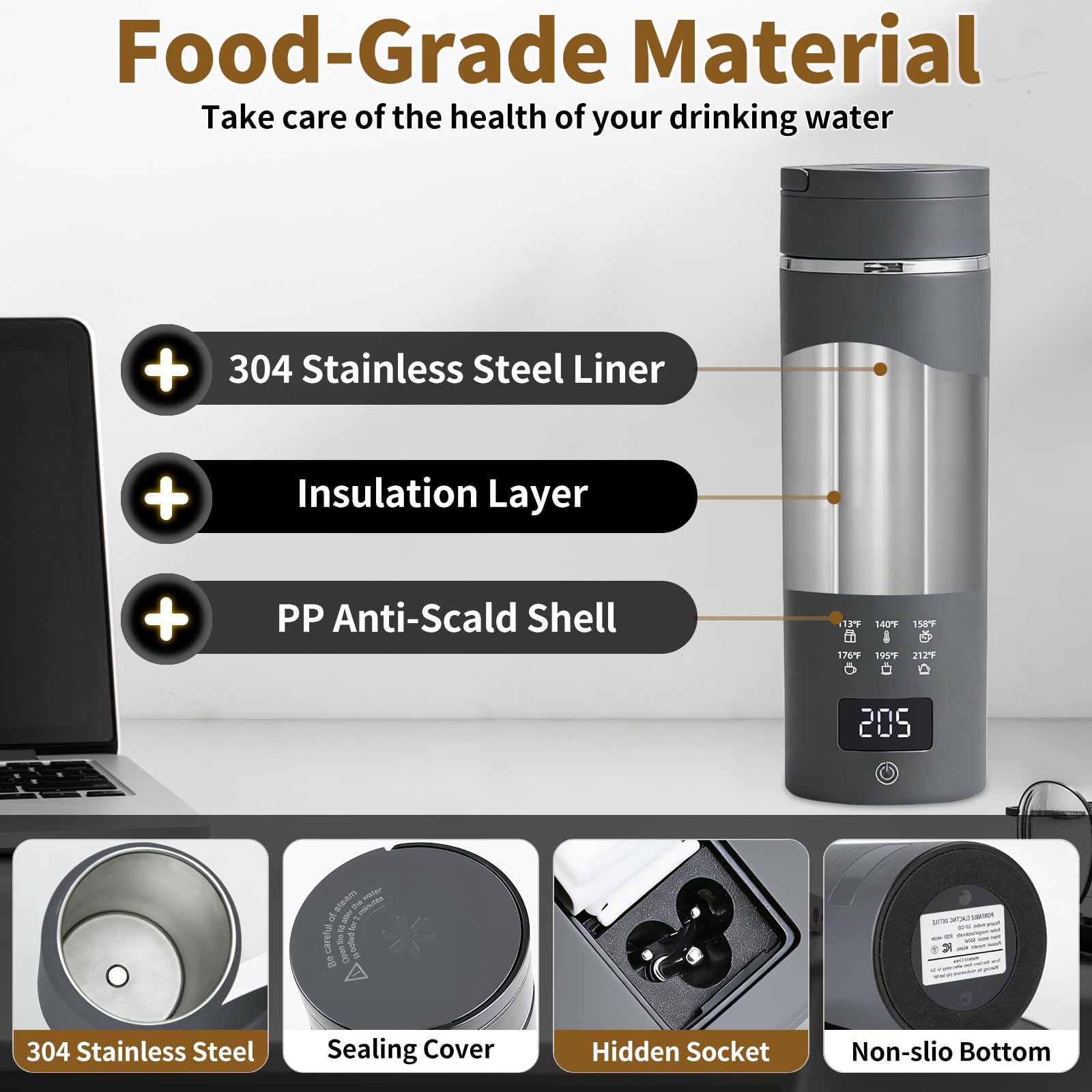 Travel Electric Kettle, LCD Display with 6 Temperature Settings, 304 Stainless Steel, 450ml/15.2oz