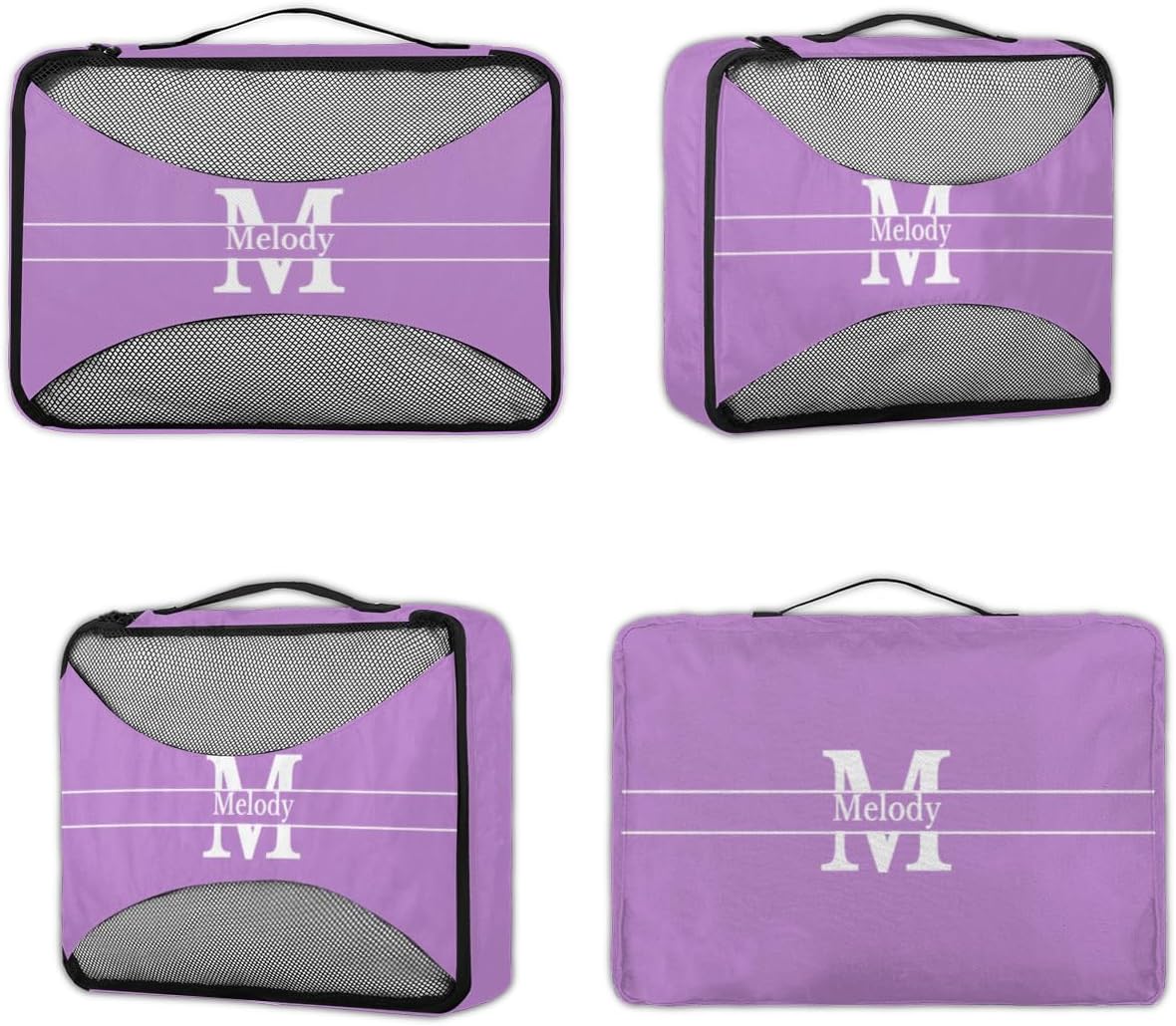 Custom Packing Cubes with Name - 4 Piece Packing Cubes Compression Luggage Suitcase Organizer Set, Lavender Purple with Initial Letter
